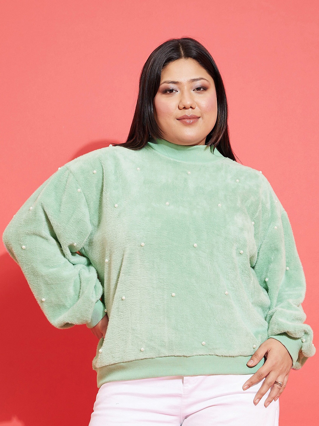 

SASSAFRAS Curve Plus Size Embellished Sweatshirt, Green