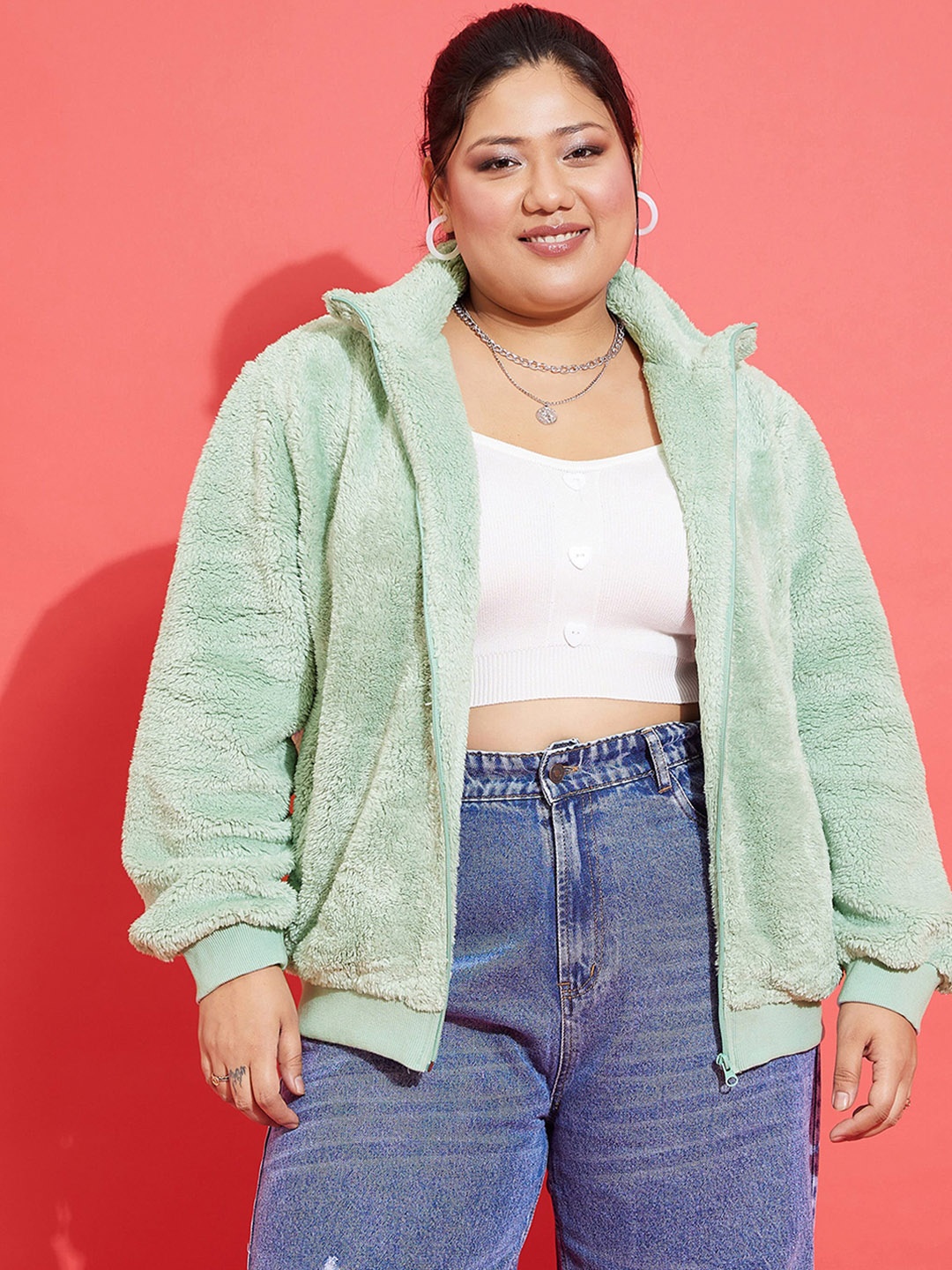 

SASSAFRAS Curve Plus Size Green Self Design Mock Collar Bomber Jacket