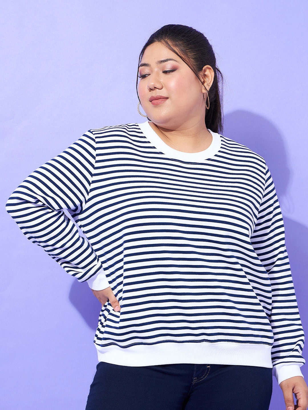 

SASSAFRAS Curve Plus Size Striped Pure Cotton Pullover, Navy blue