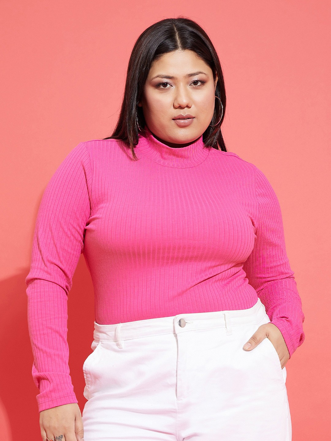 

SASSAFRAS Curve Pink Ribbed High Neck Top