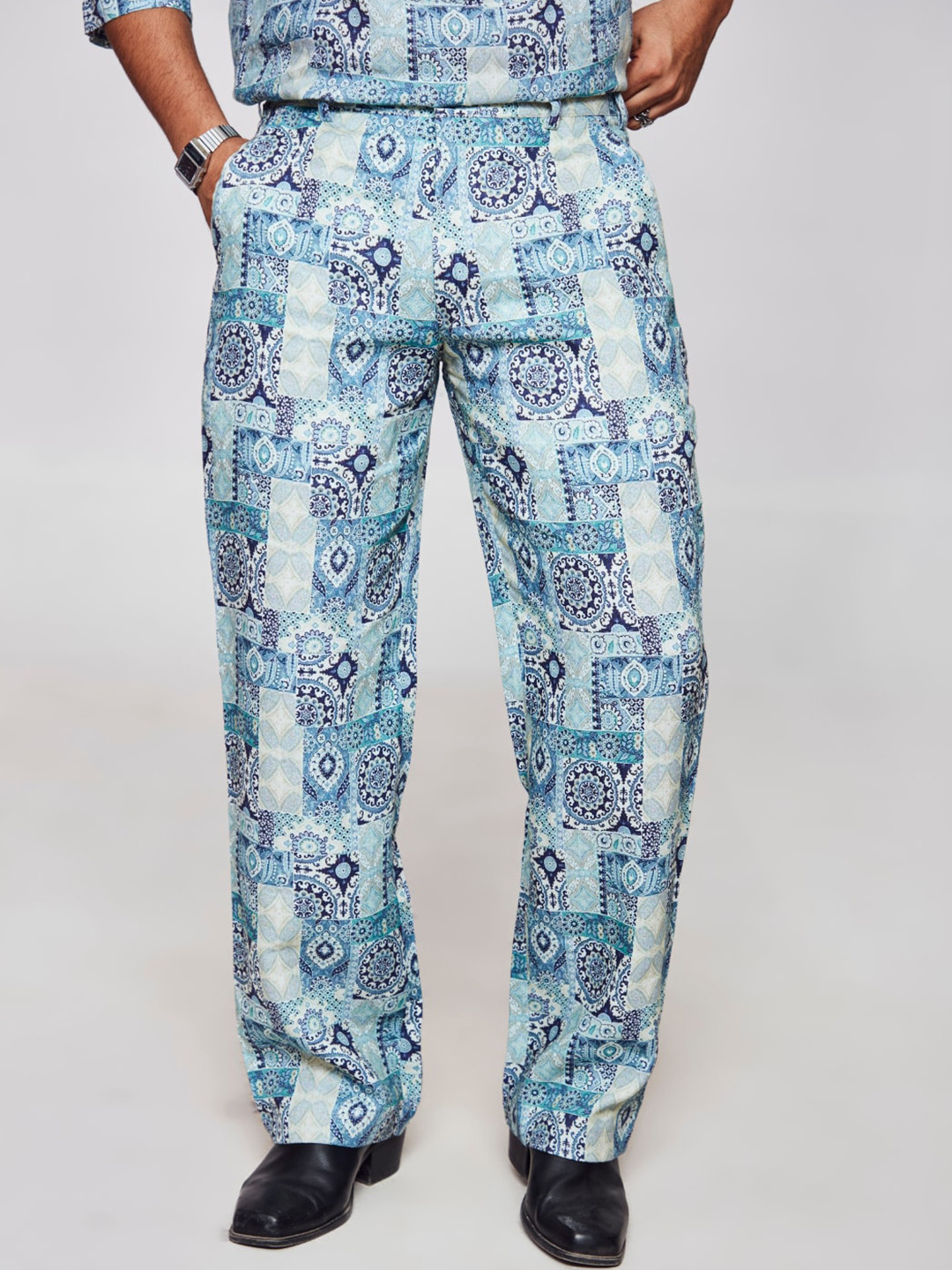 

ADDY'S for men Men Ethnic Motifs Printed Mid-Rise Regular Fit Linen Trousers, Blue