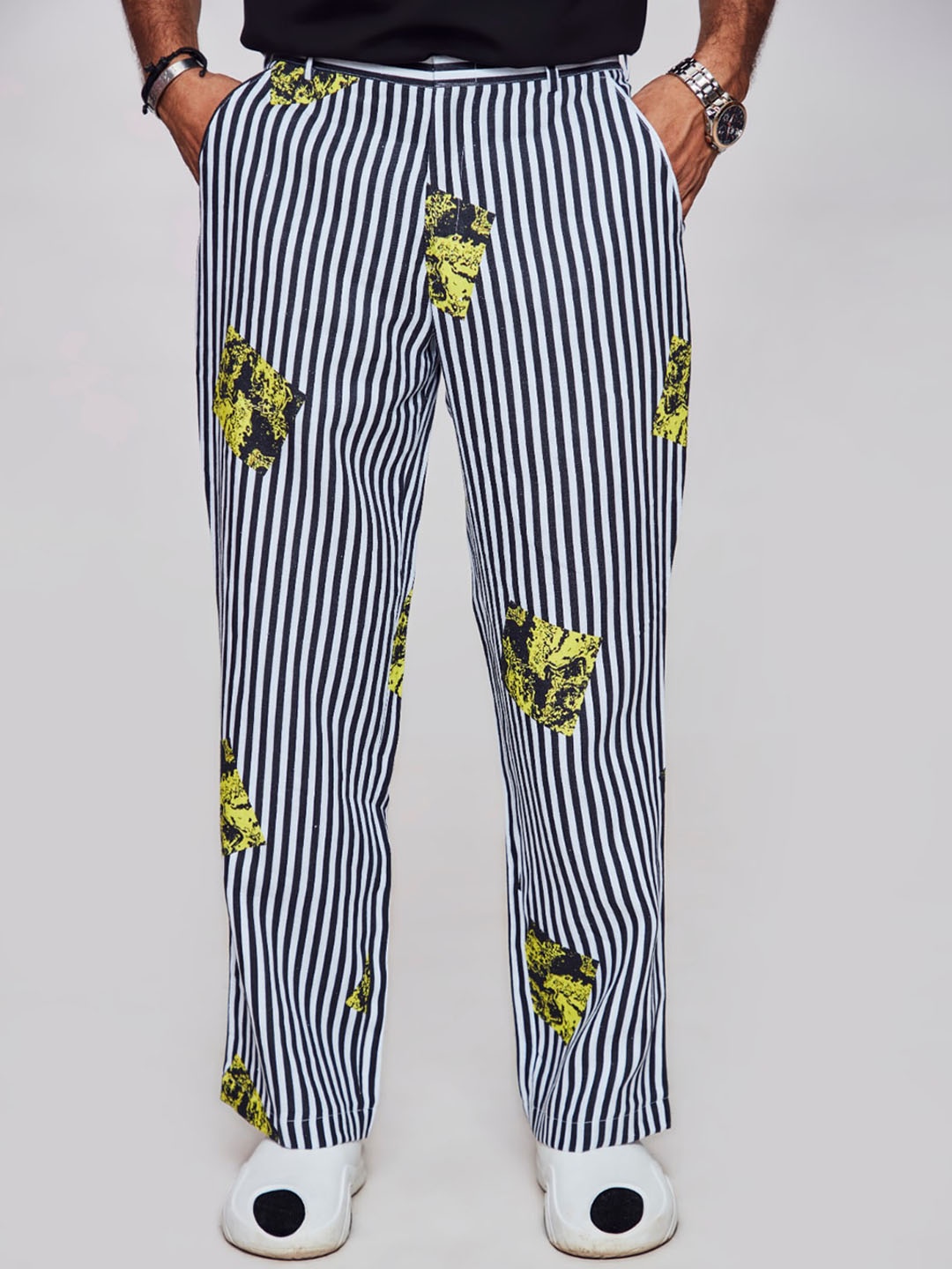 

ADDY'S for men Men Mid-Rise Striped Linen Trousers, White