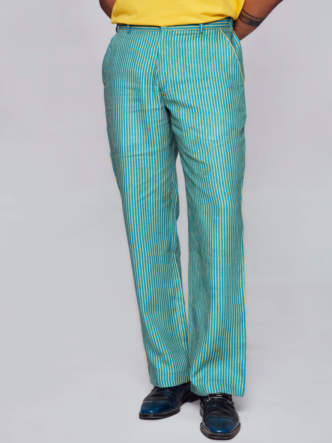 

ADDY'S for men Striped Mid Rise Plain Linen Trousers, Sea green