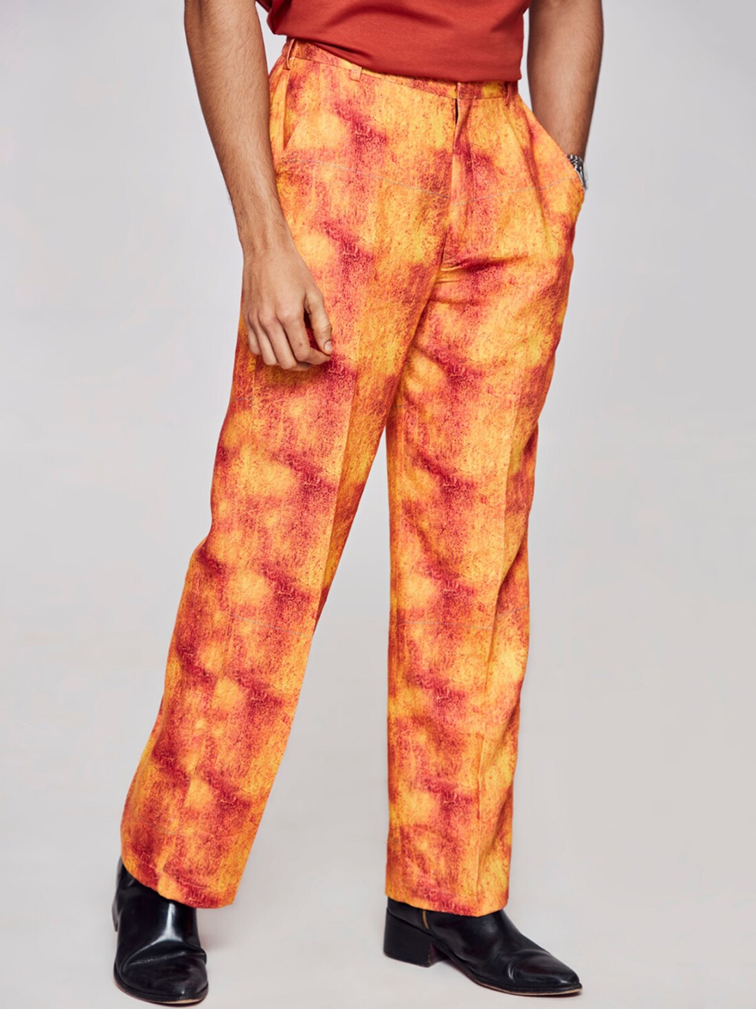 

ADDY'S for men Men Mid-Rise Abstract Printed Linen Trouser, Orange