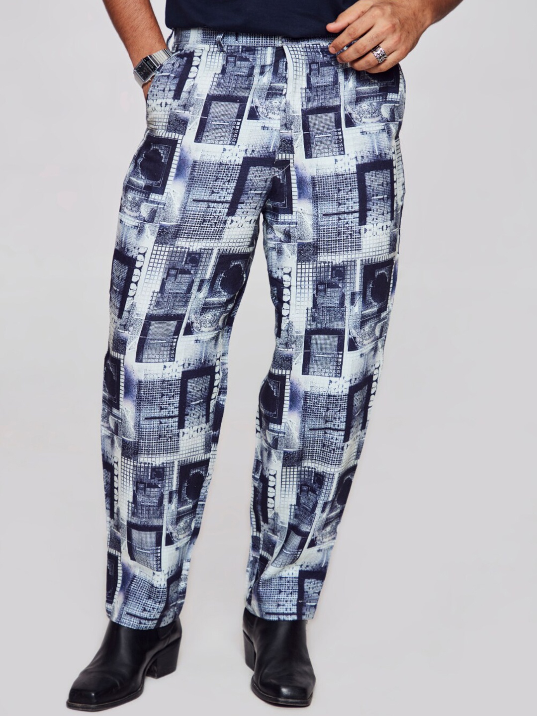

ADDY'S for men Men Geometric Printed Linen Trousers, Navy blue