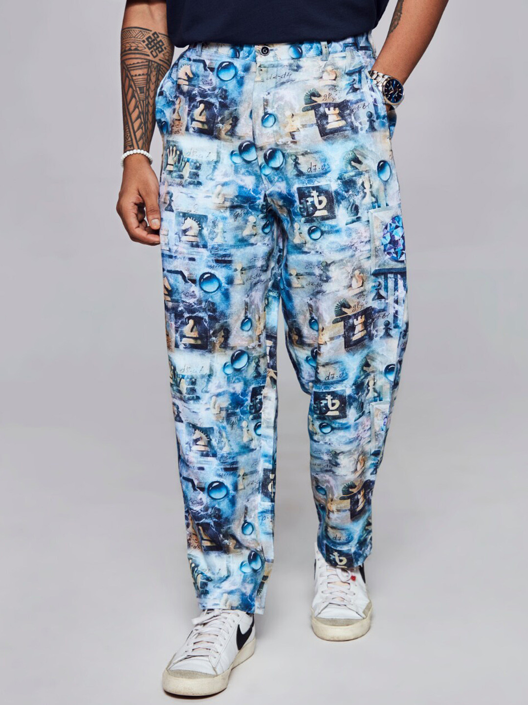 

ADDY'S for men Conversational Printed Mid Rise Plain Linen Trousers, Blue