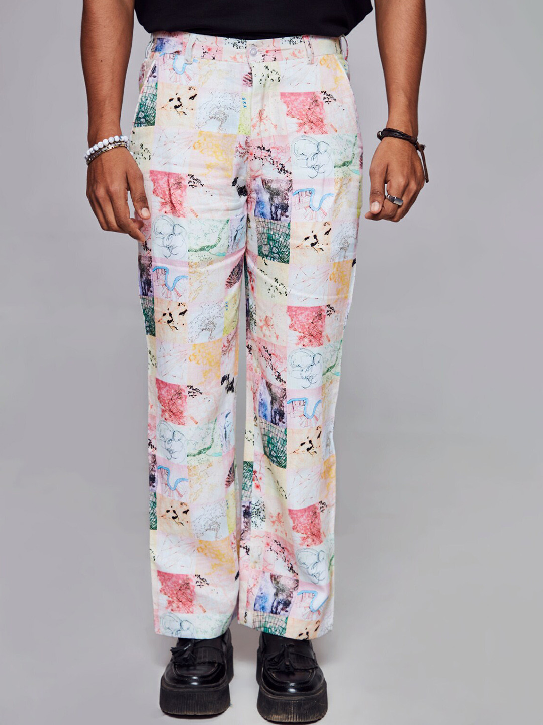 

ADDY'S for men Floral Printed Linen Trousers, Off white