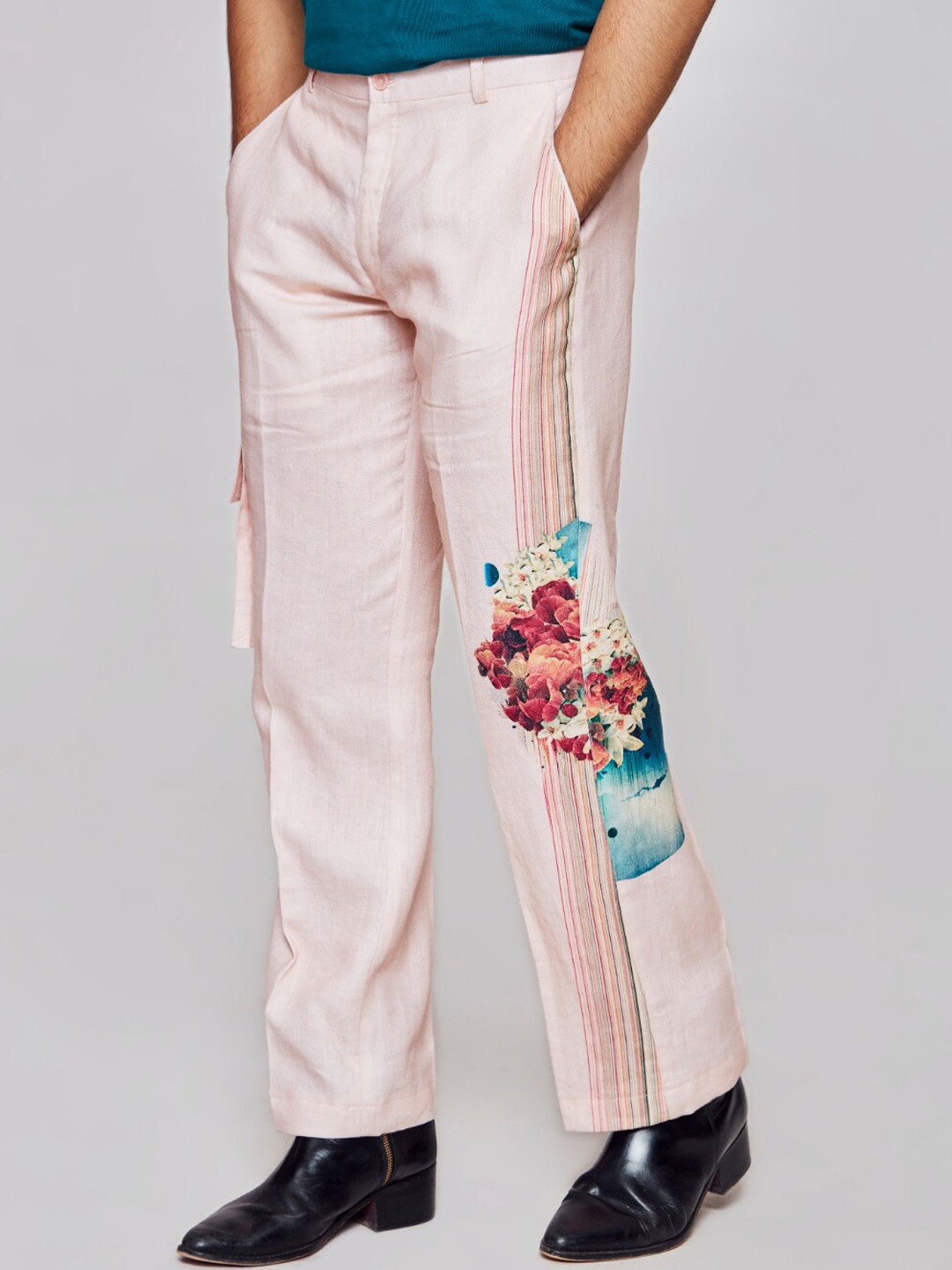 

ADDY'S for men Floral Printed Mid Rise Plain Linen Trousers, Peach