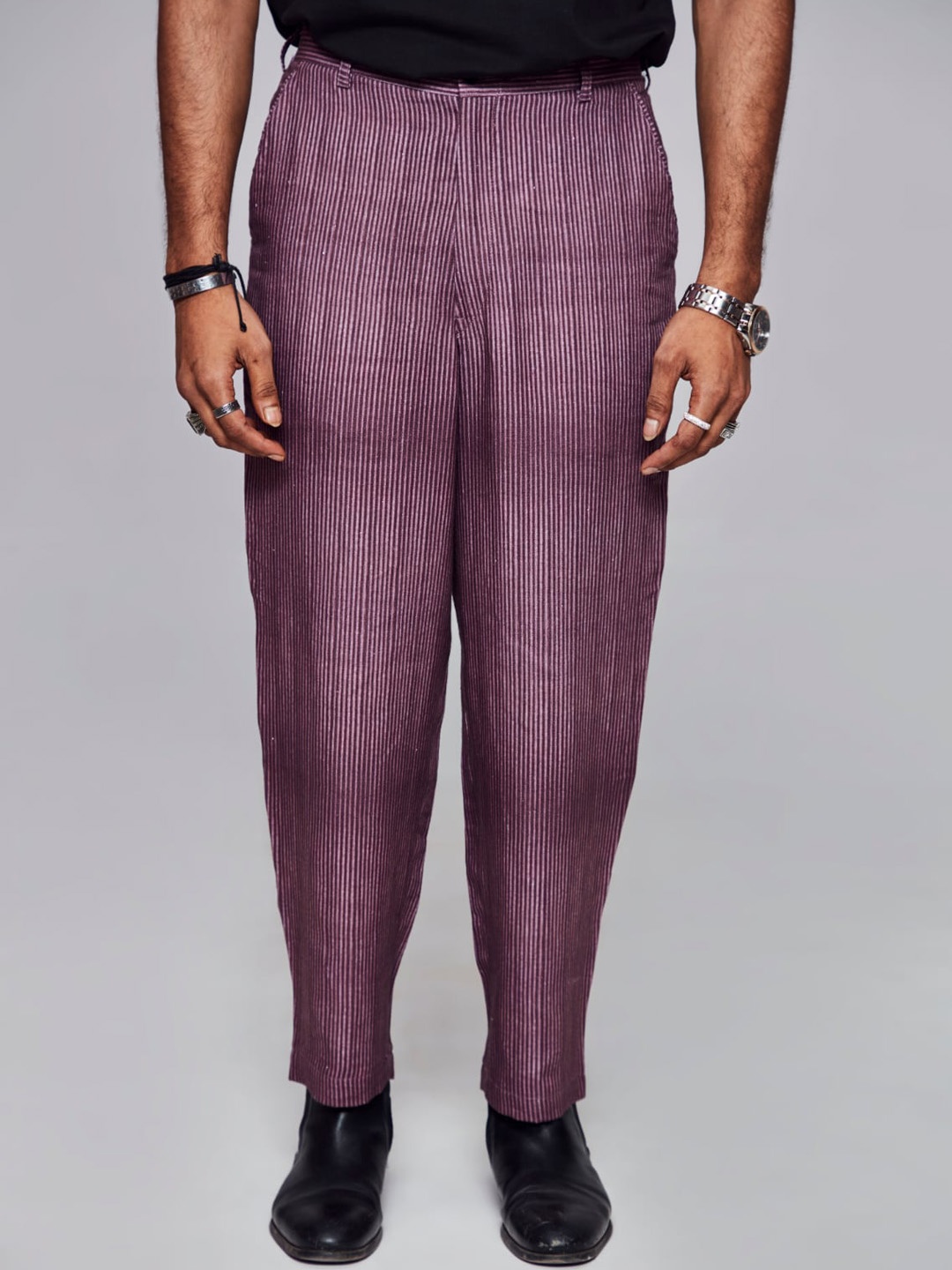 

ADDY'S for men Striped Mid Rise Plain Linen Trousers, Burgundy