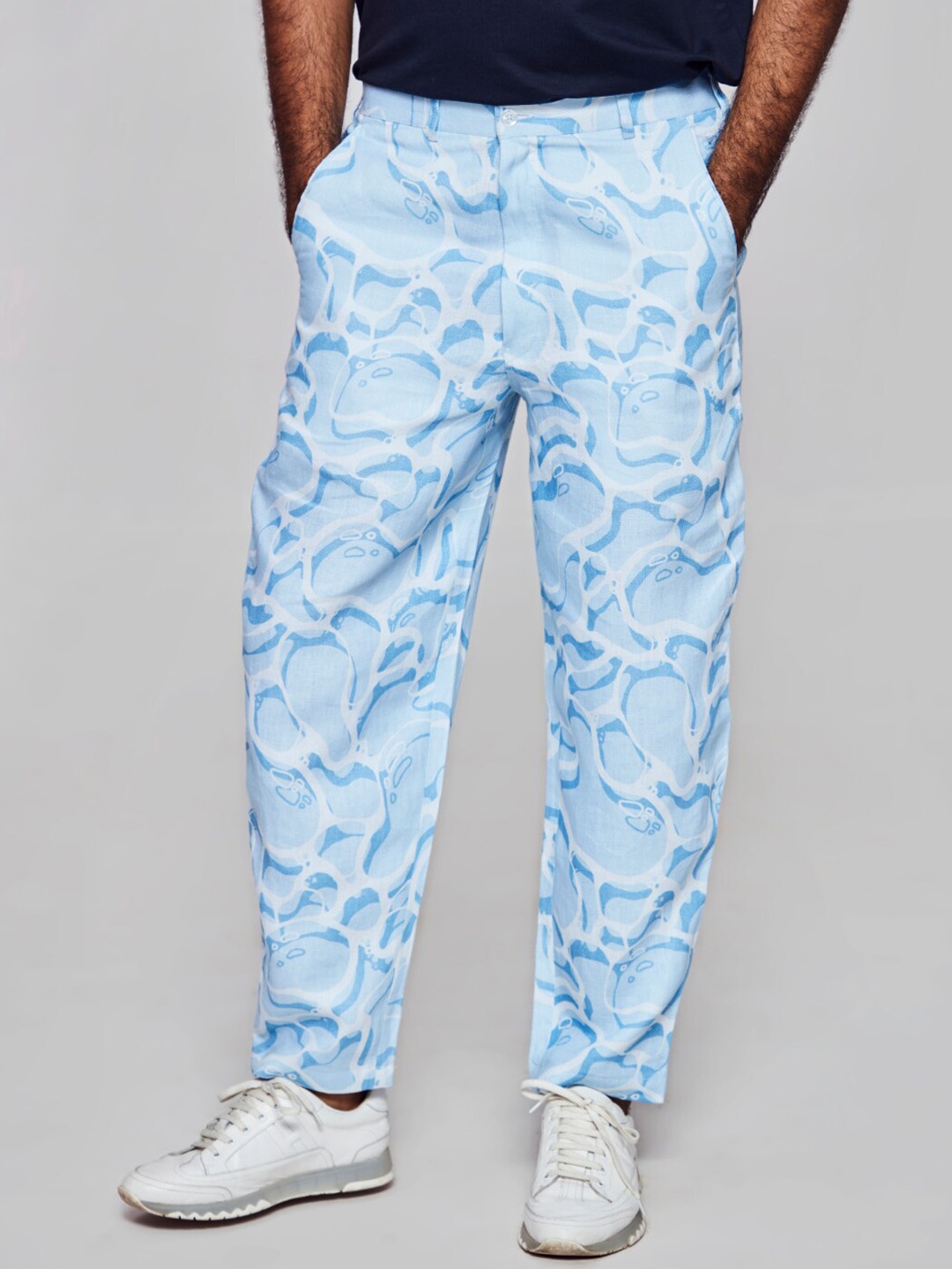 

ADDY'S for men Abstract Printed Mid Rise Linen Trousers, Blue