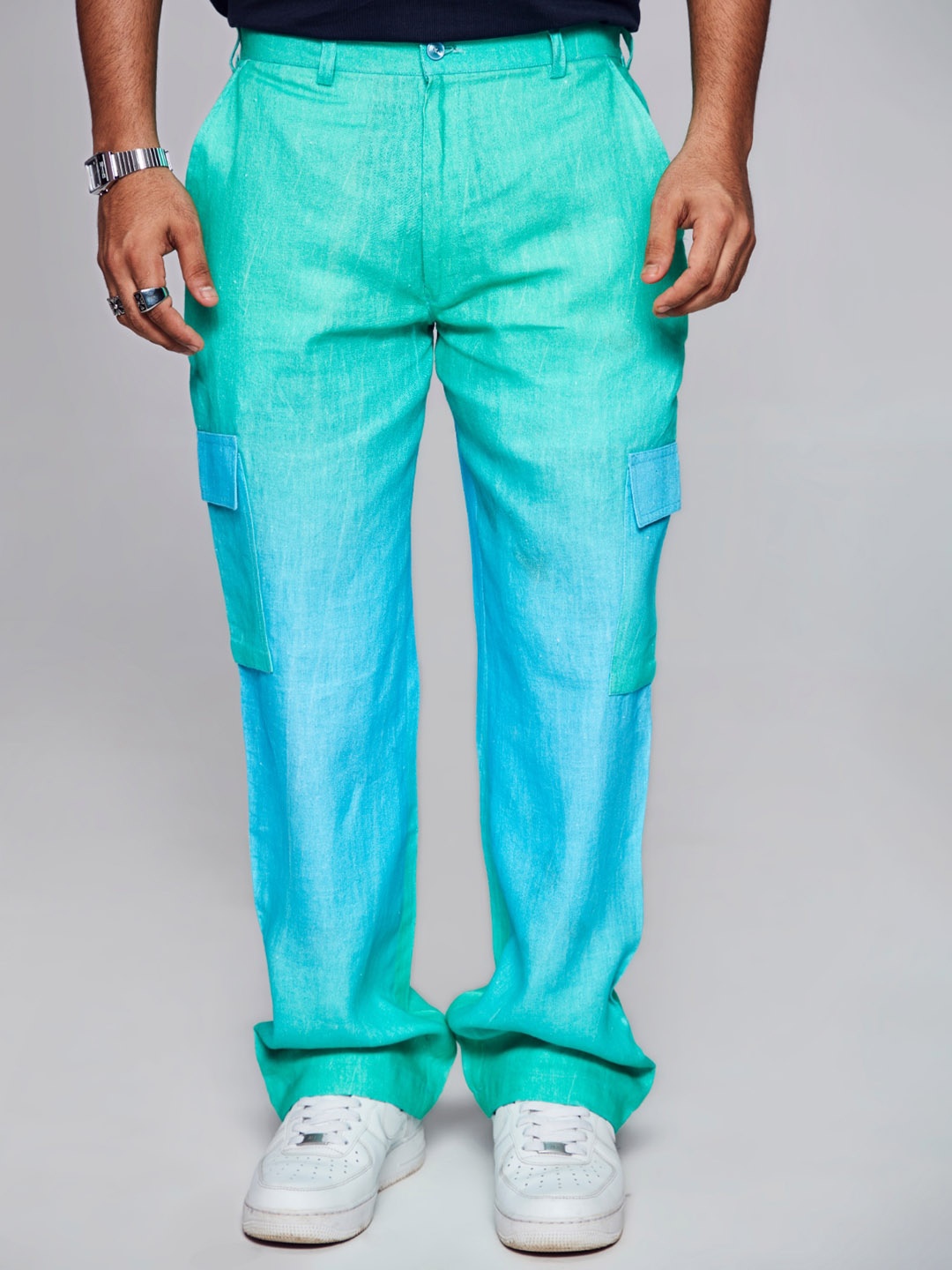 

ADDY'S for men Abstract Printed Mid Rise Plain Linen Cargos, Sea green