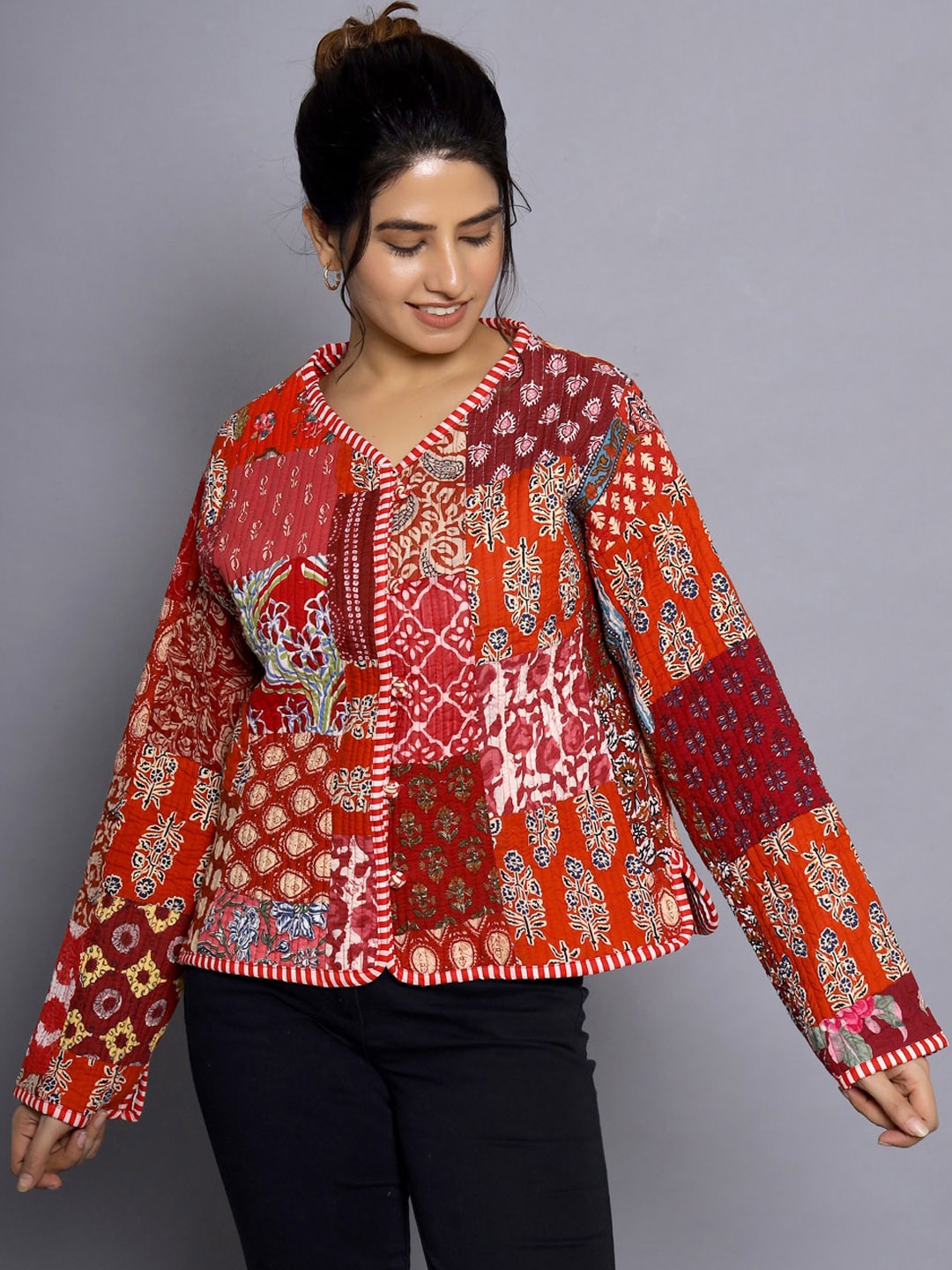 

HANDICRAFT PALACE Floral Printed Reversible Pure Cotton Open Front Jacket, Red