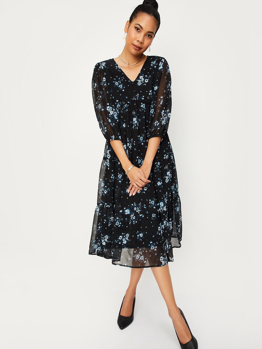 

max Floral Printed Puff Sleeve A-line Dress, Black