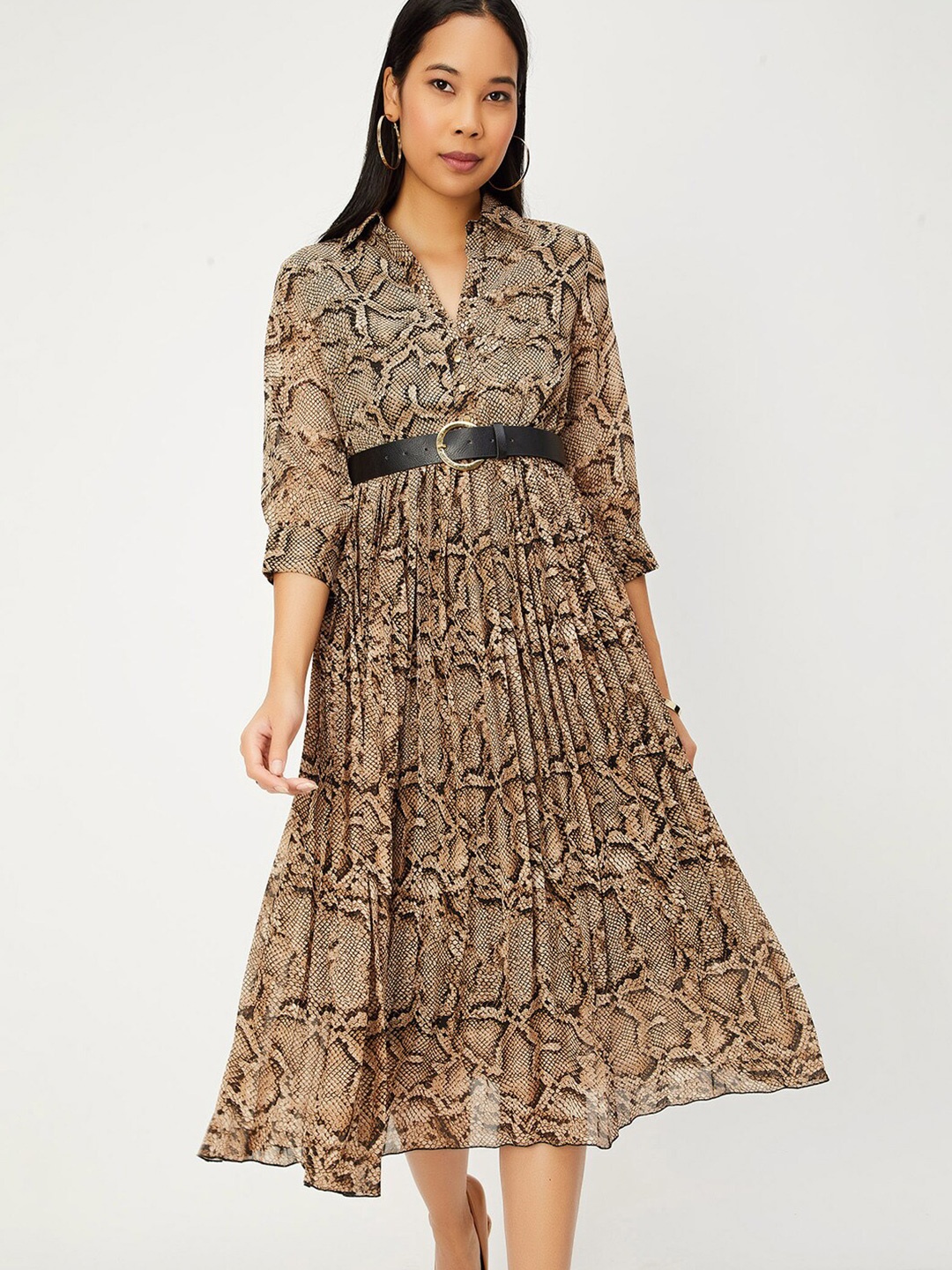 

max Animal Printed Fit & Flare Midi Dress, Beige