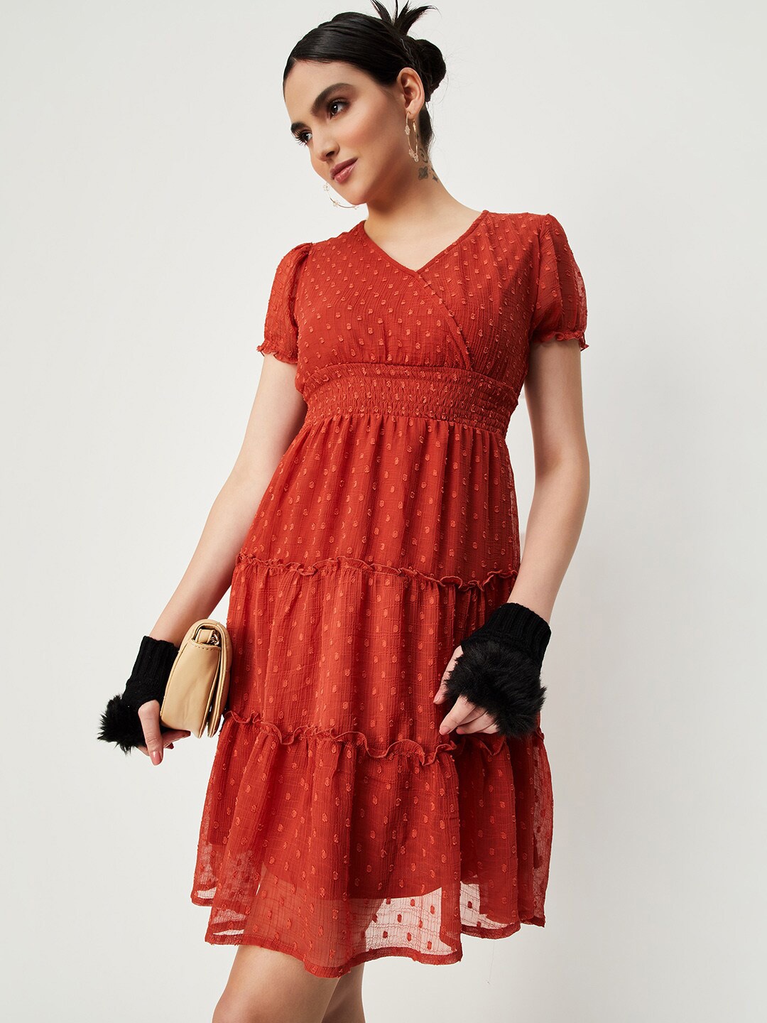 

max Self Design Tiered Empire Dress, Rust