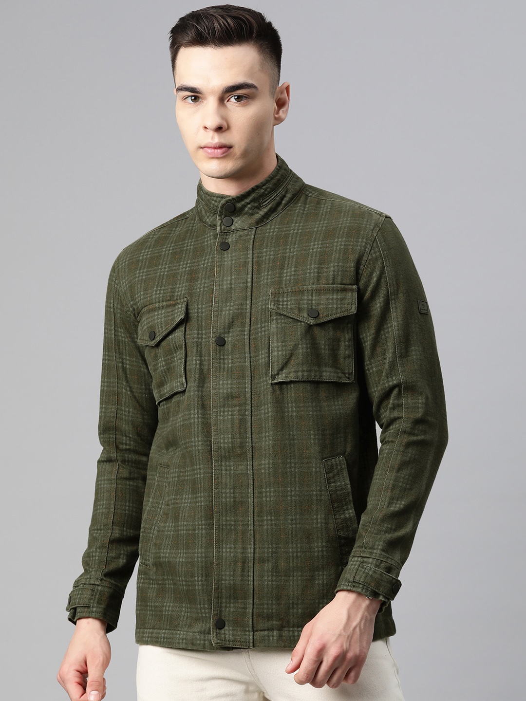

Pierre Carlo Men Checked Open Front Jacket, Olive
