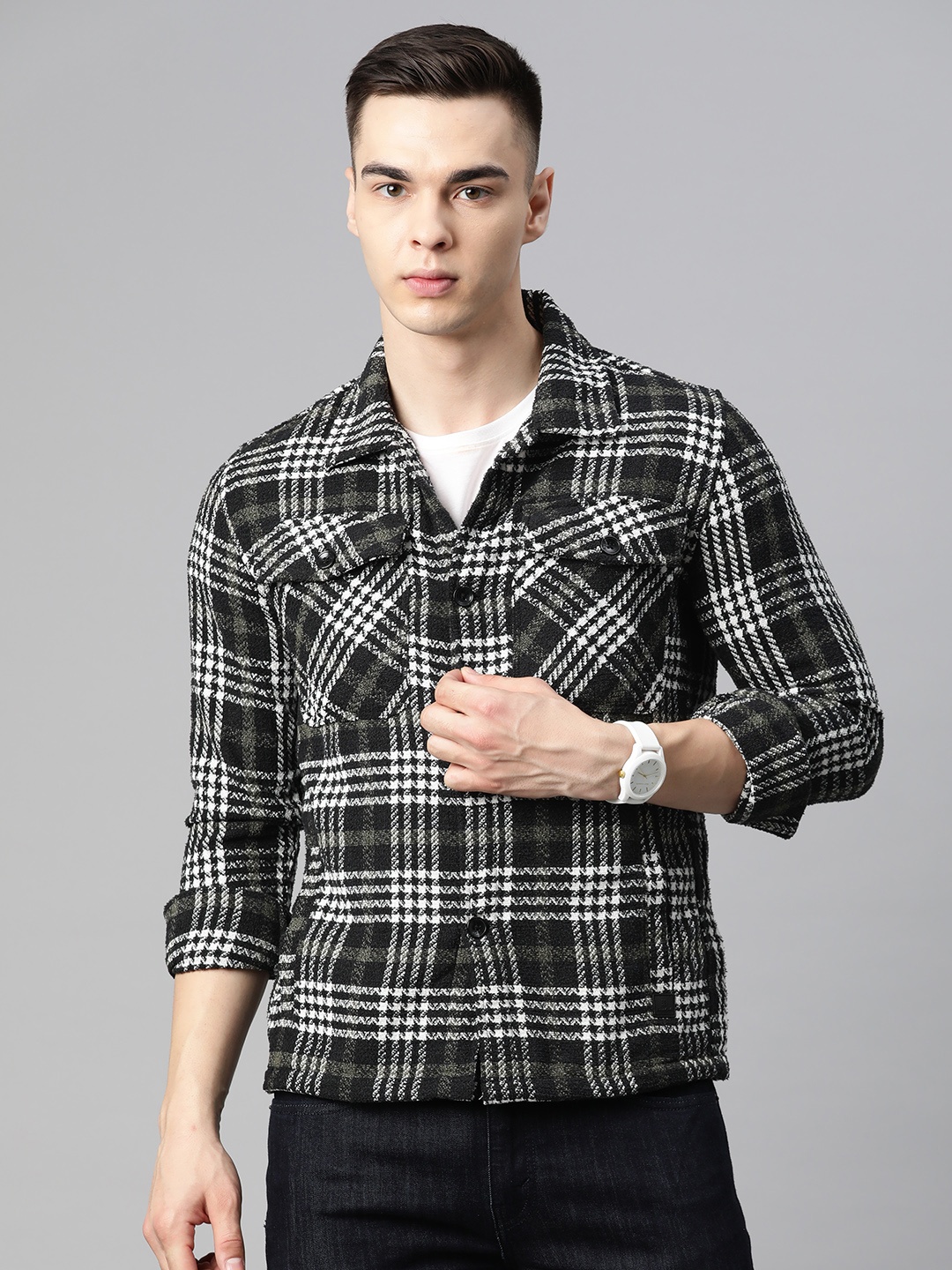

Pierre Carlo Men Checked Open Front Jacket, Black