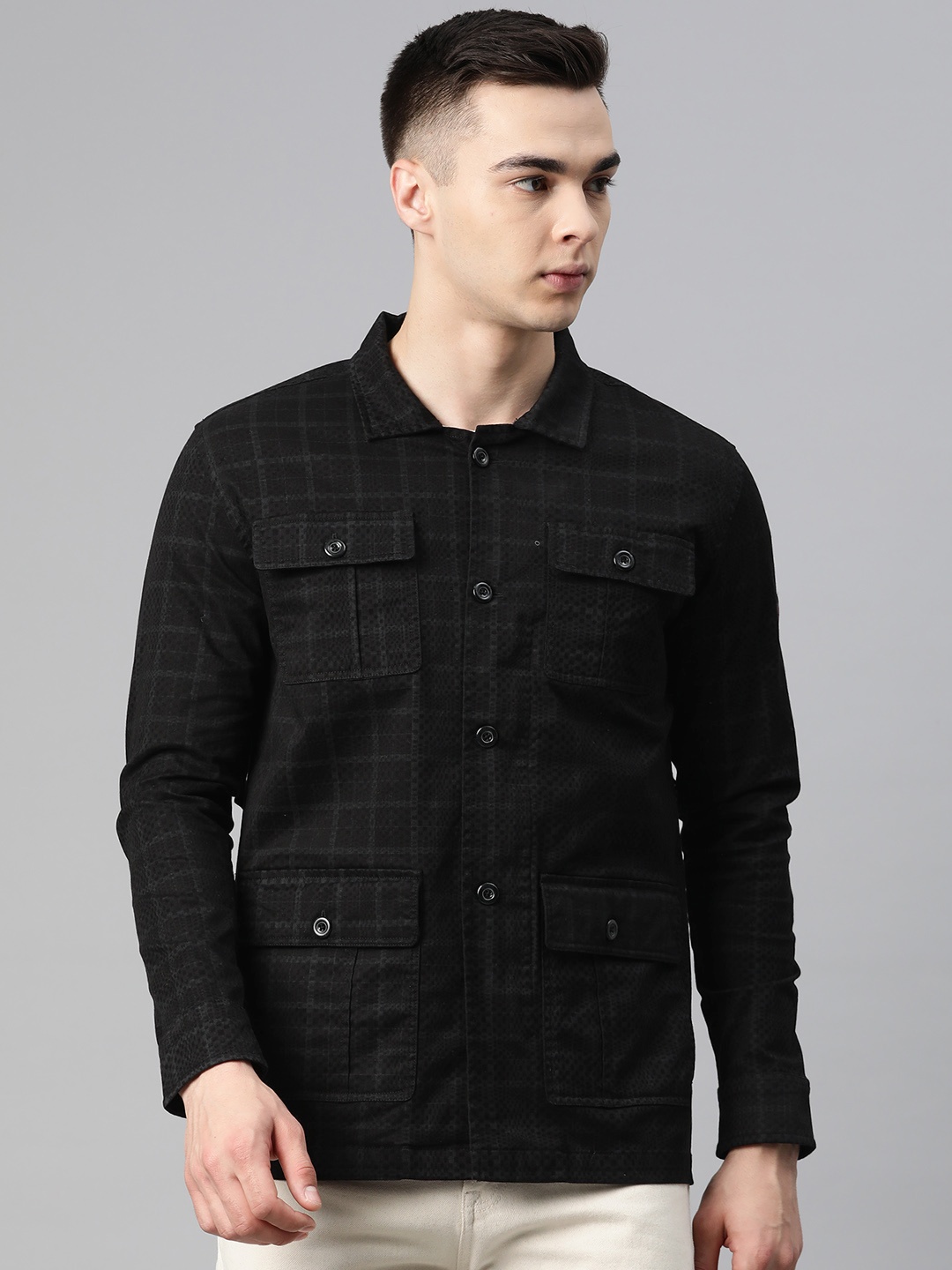 

Pierre Carlo Men Checked Open Front Jacket, Black