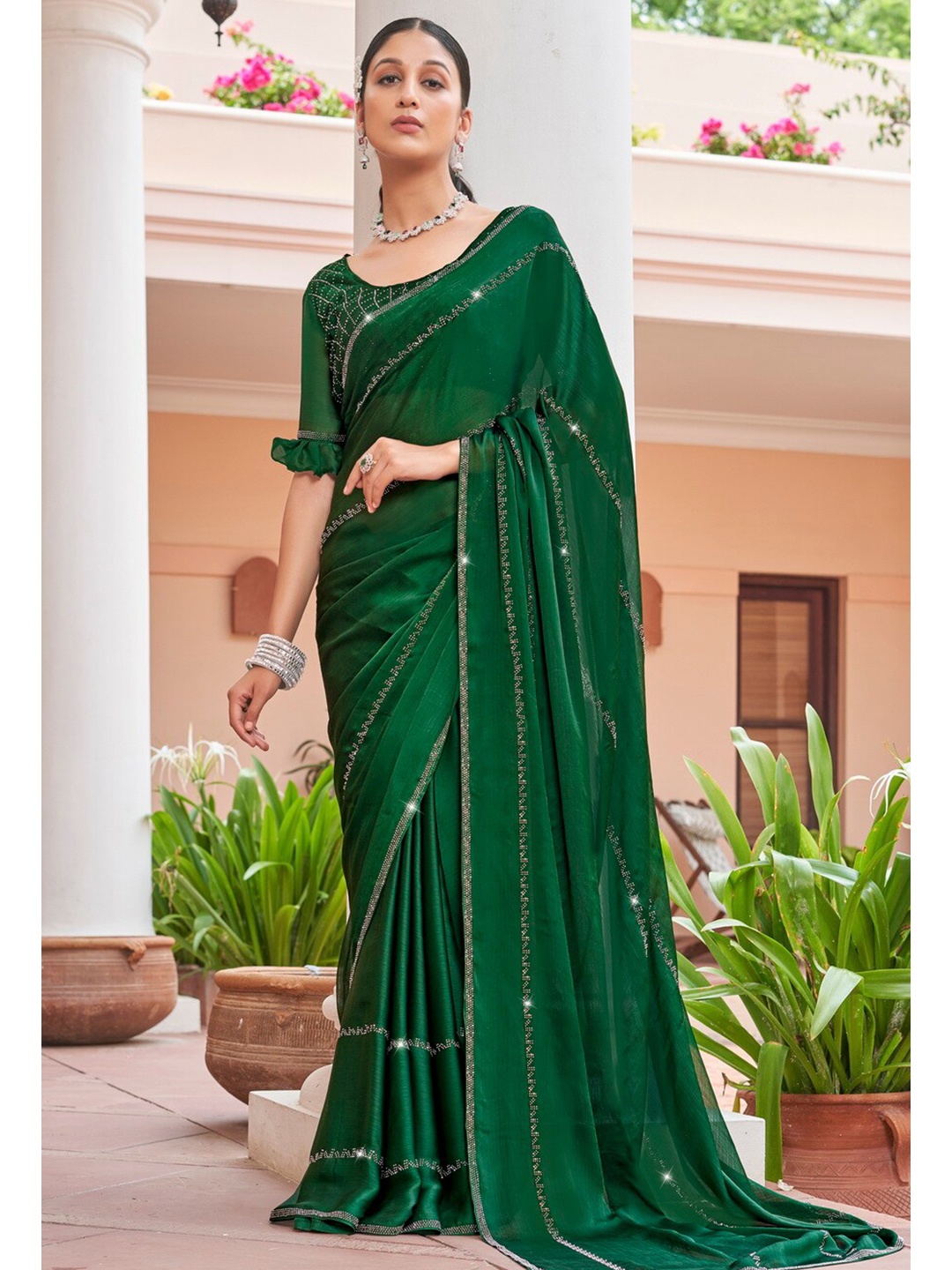 

Mitera Embellished Beads And Stones Satin Chiffon Saree, Green