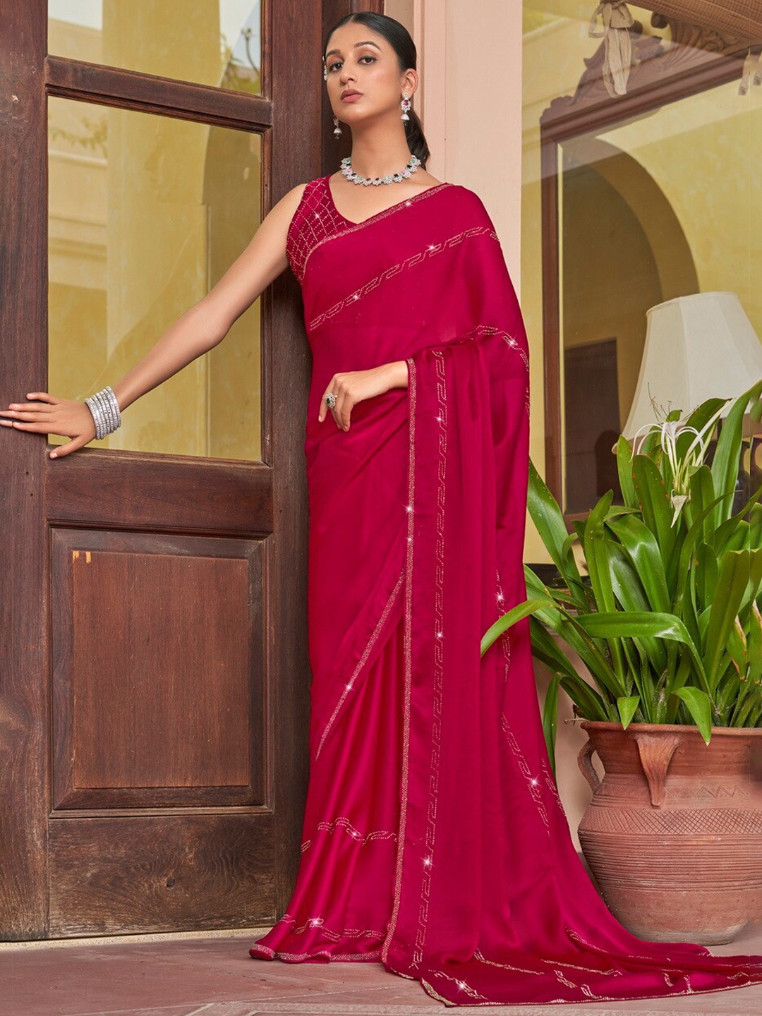 

Mitera Embellished Pure Chiffon Saree with Swaroski Border, Pink