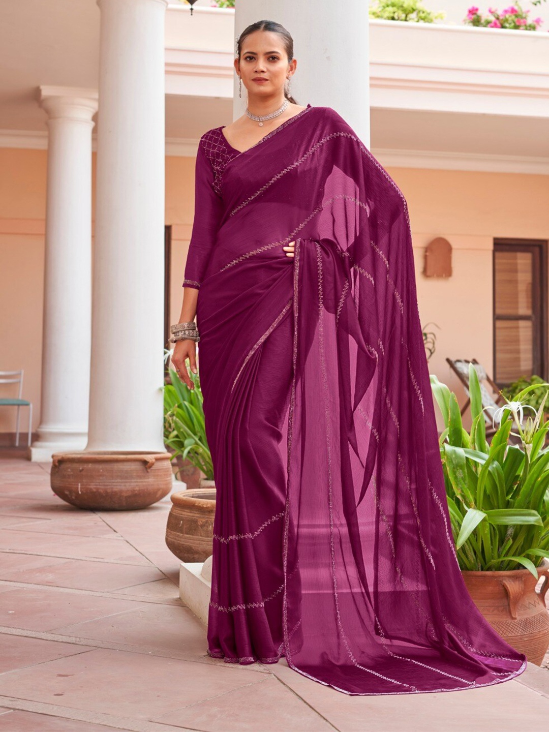 

Mitera Purple Embellished Beads And Stones Pure Chiffon Saree