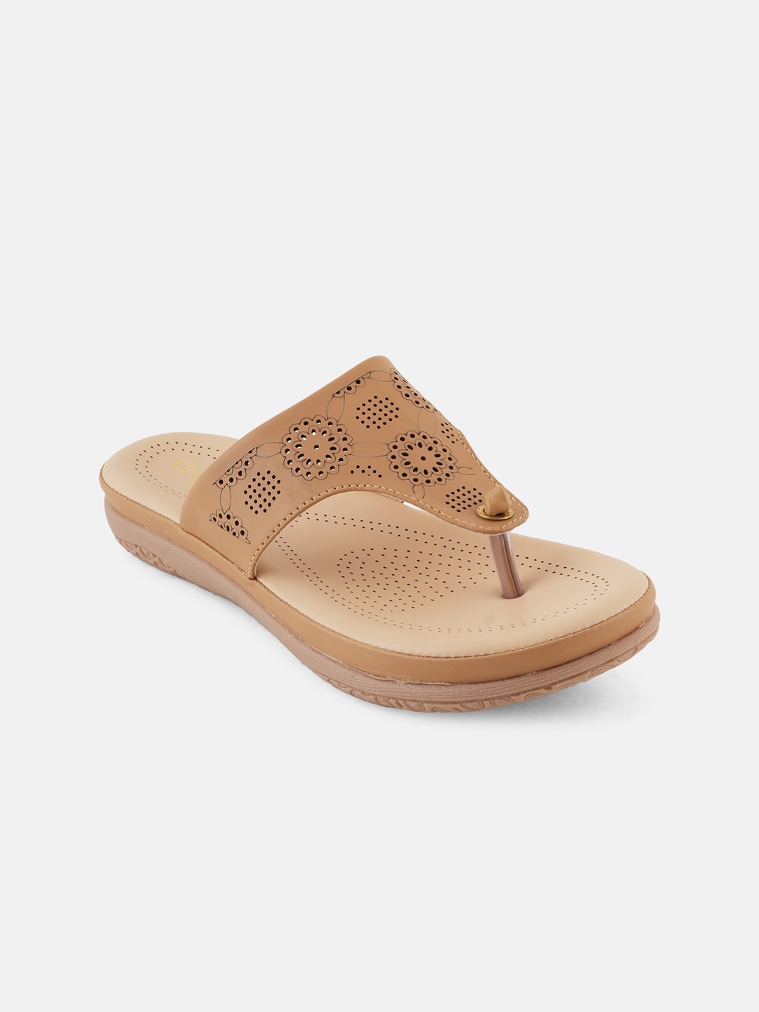 

DressBerry Tan Brown Textured T-Strap Flats With Laser Cuts