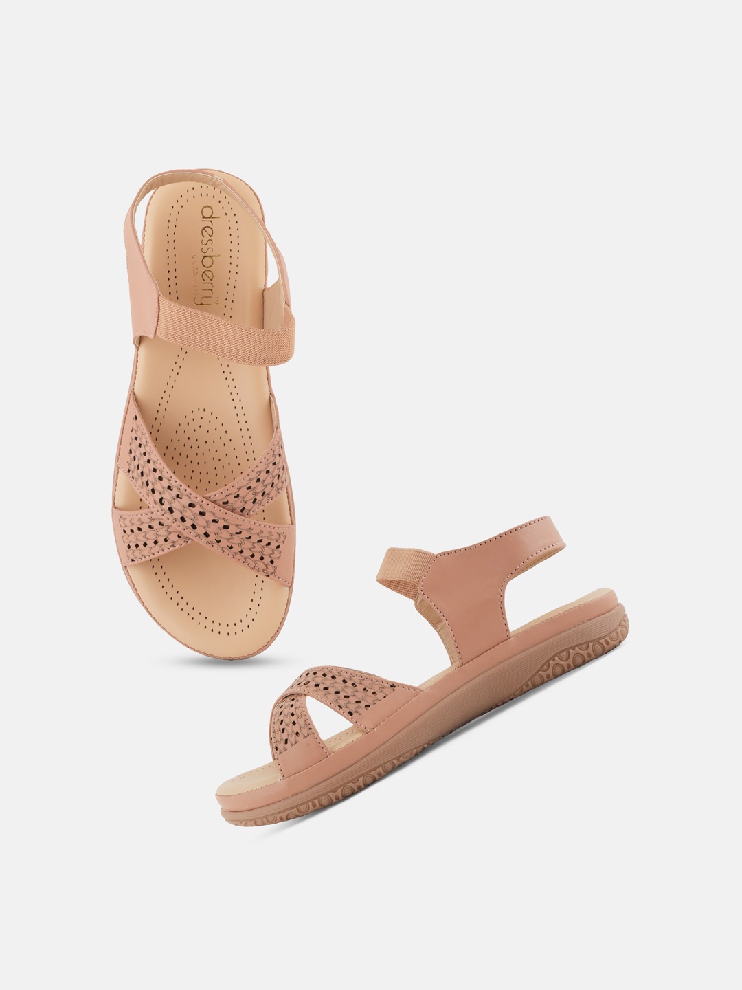 

DressBerry Beige Laser Cut Open Toe Flats, Pink