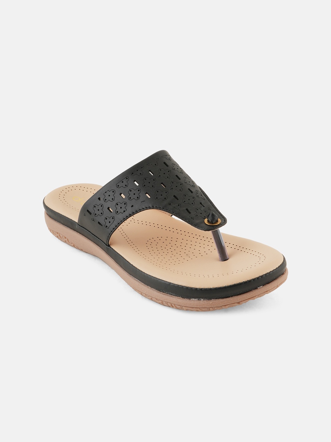 

DressBerry Black Textured T-Strap Flats With Laser Cuts
