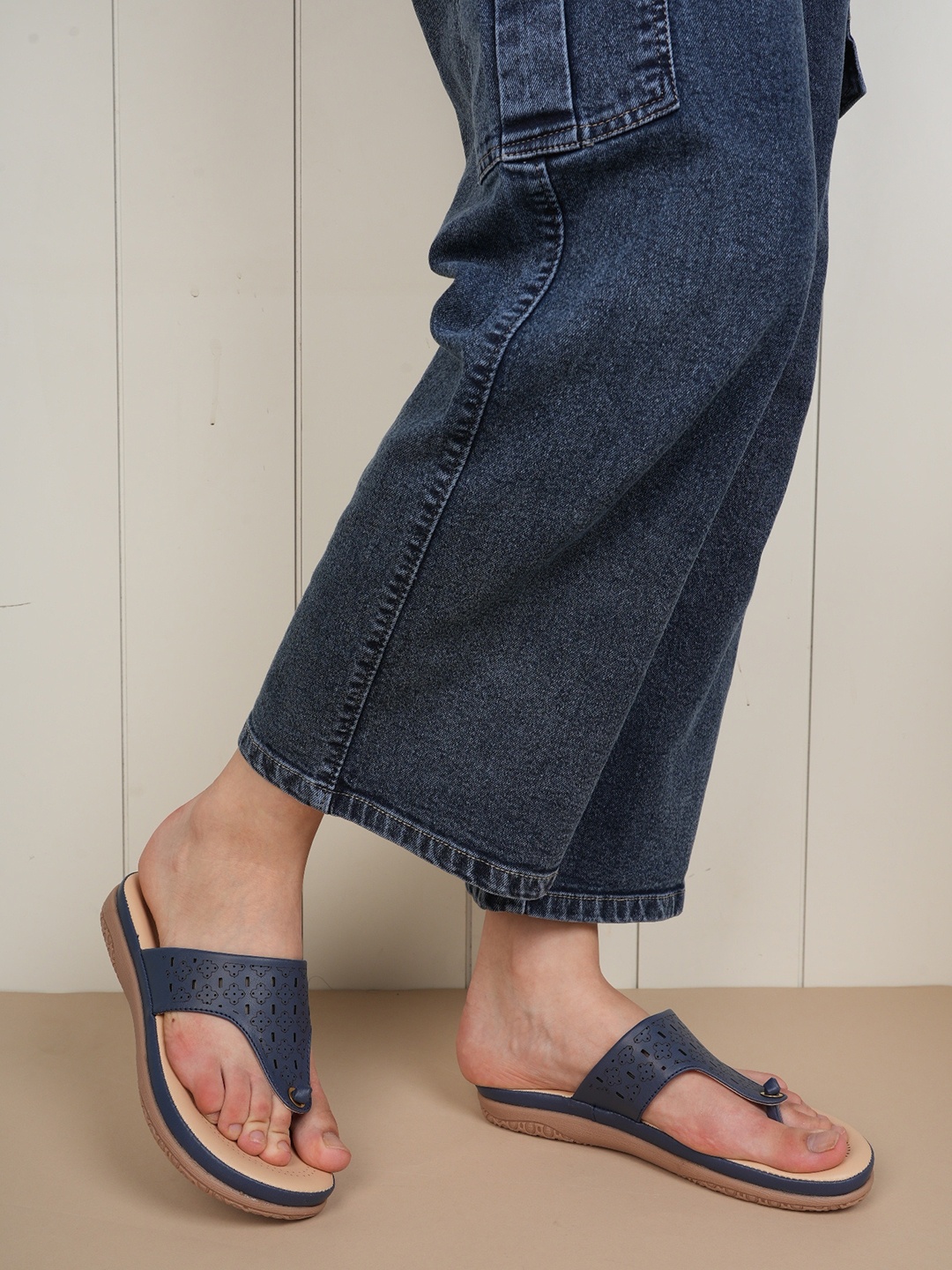 

DressBerry Navy Blue Laser Cut Open Toe Flats