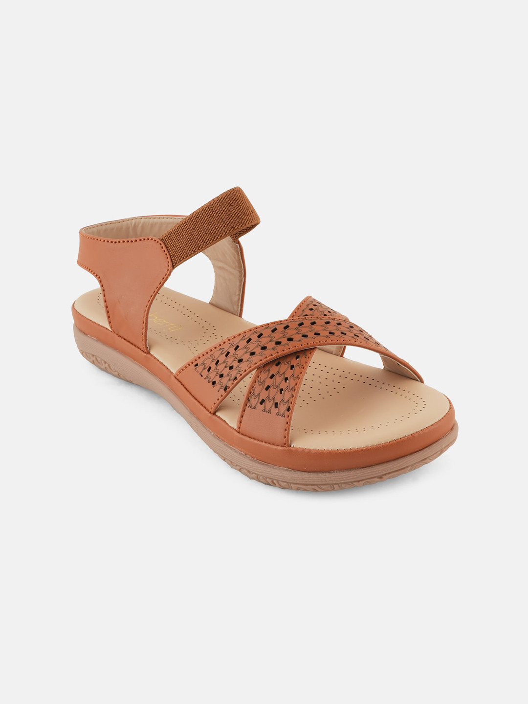 

DressBerry Tan Brown Textured Cross Strap Open Toe Flats with Laser Cuts