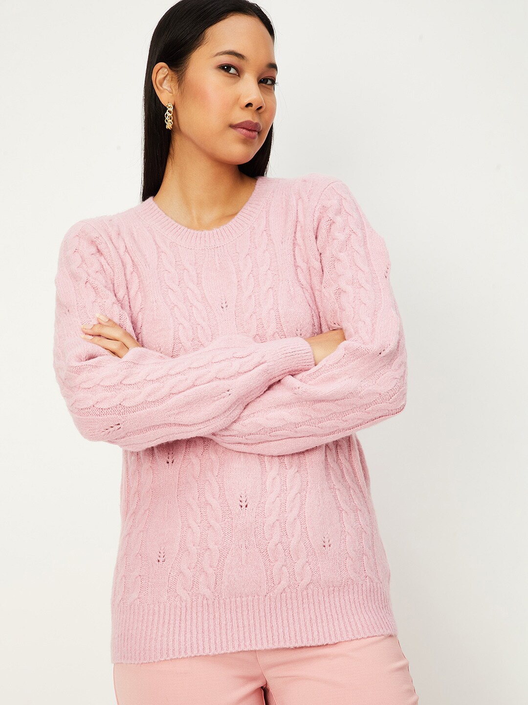 

max Self Designed Round Neck Pullover, Pink