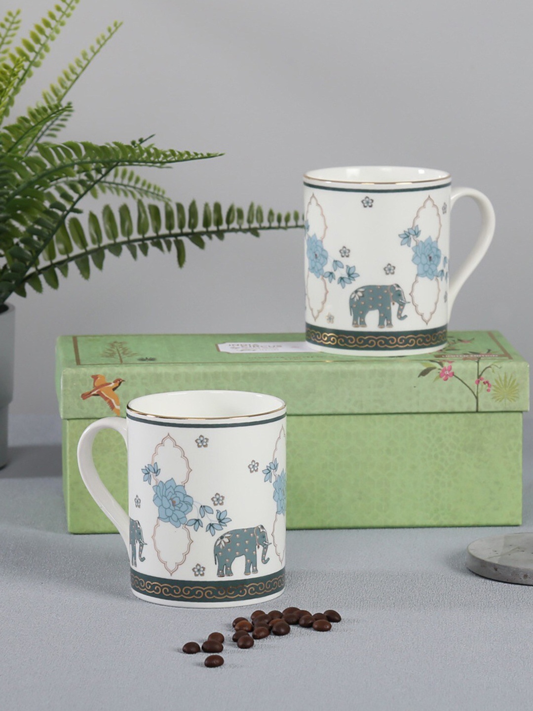 

India Circus White & Blue 2 Pcs Printed Bone China Glossy Mugs 360ml each