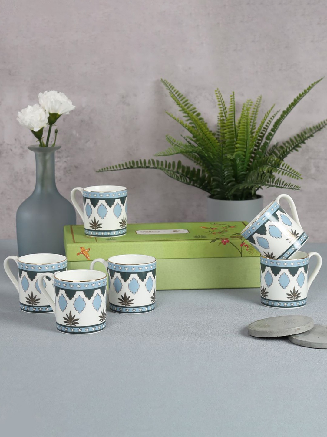 

India Circus White & Blue 6 Pcs Printed Bone China Glossy Mugs 220ml each