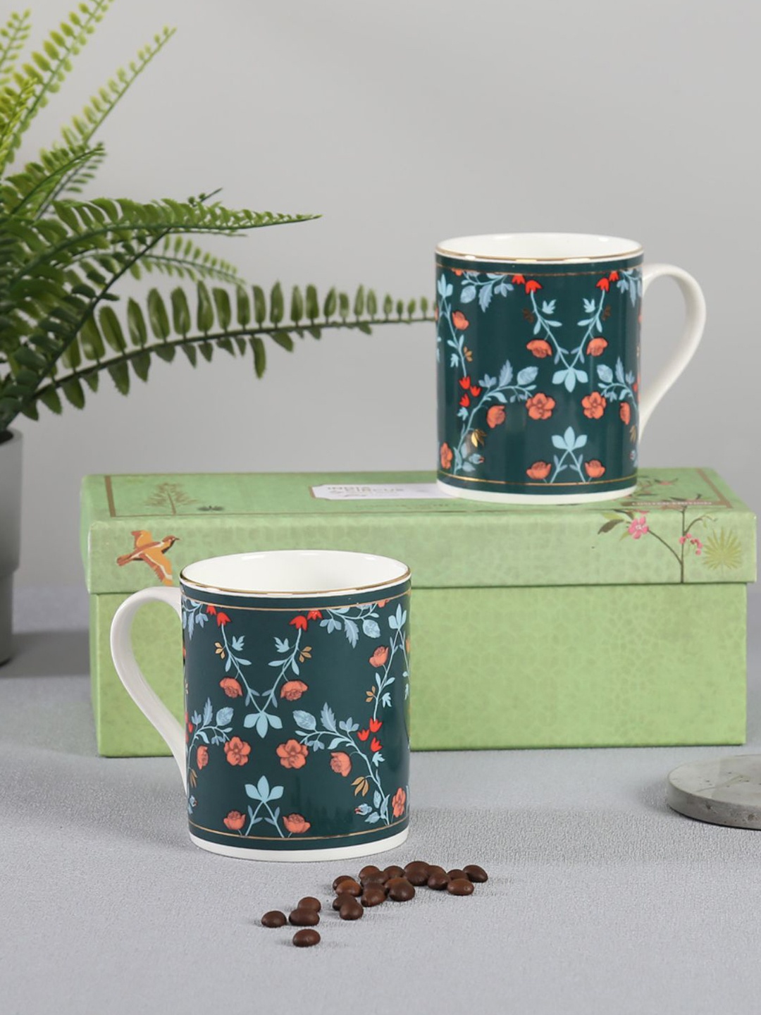 

India Circus 2 Pcs Teal Green & White Printed Bone China Glossy Mugs - 360 ML Each