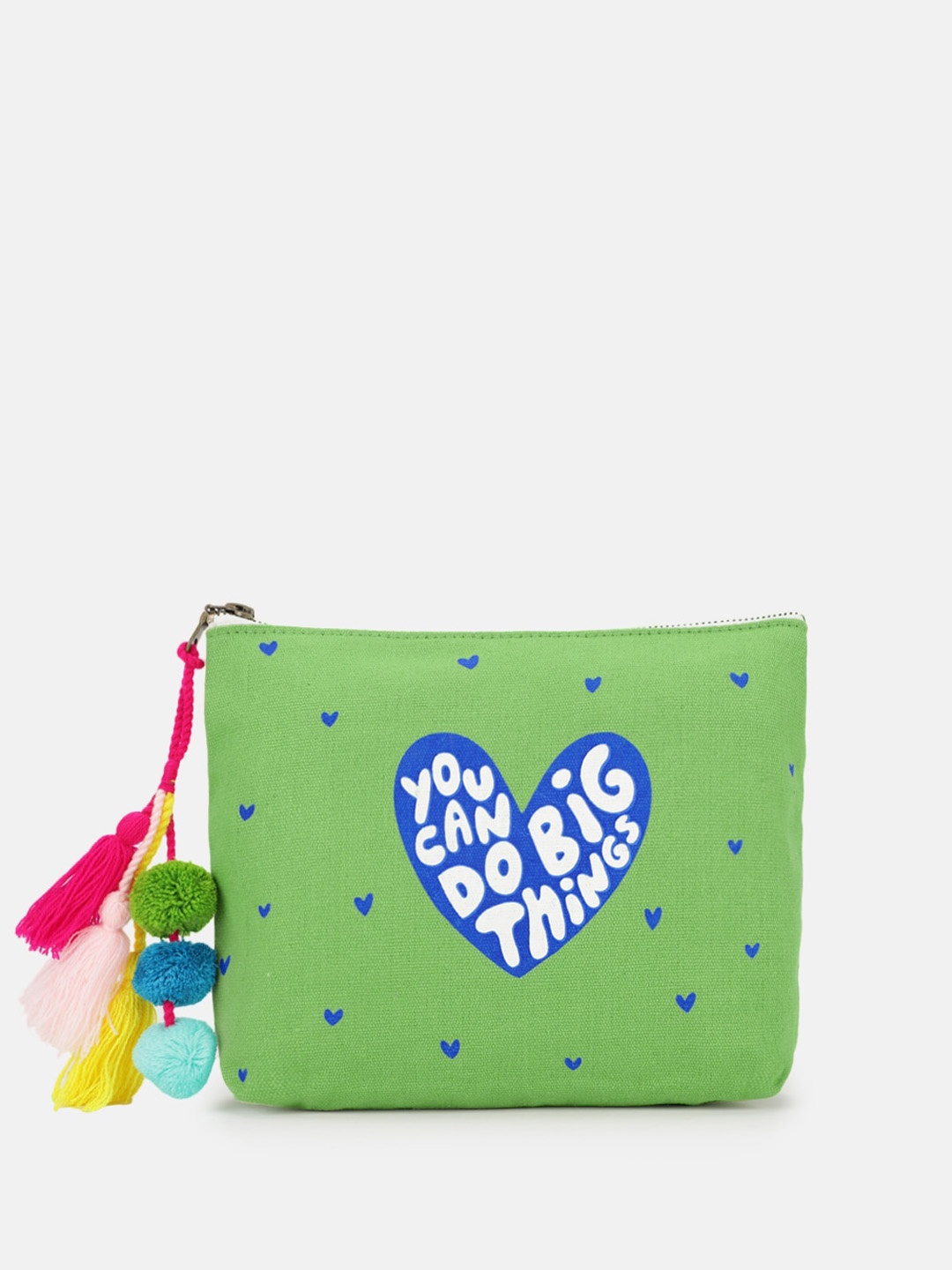 

Maisha Typography Printed Cotton Pouch With Tasselled Detail, Green
