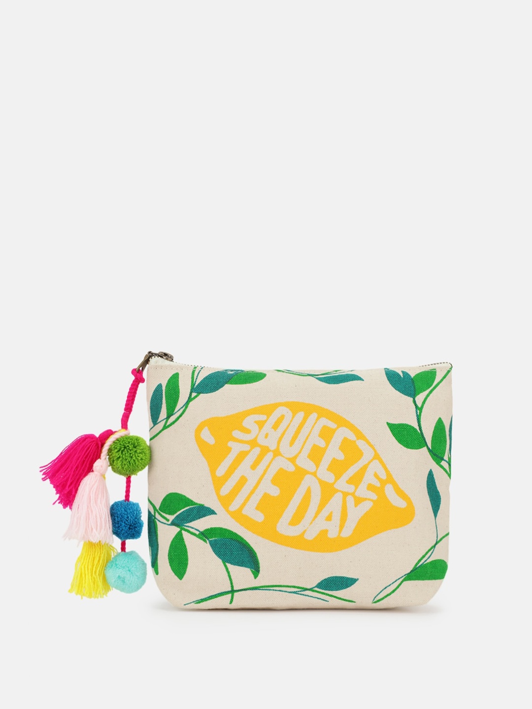 

Maisha Typography Printed Cotton Pouch With Tasselled Detail, Off white