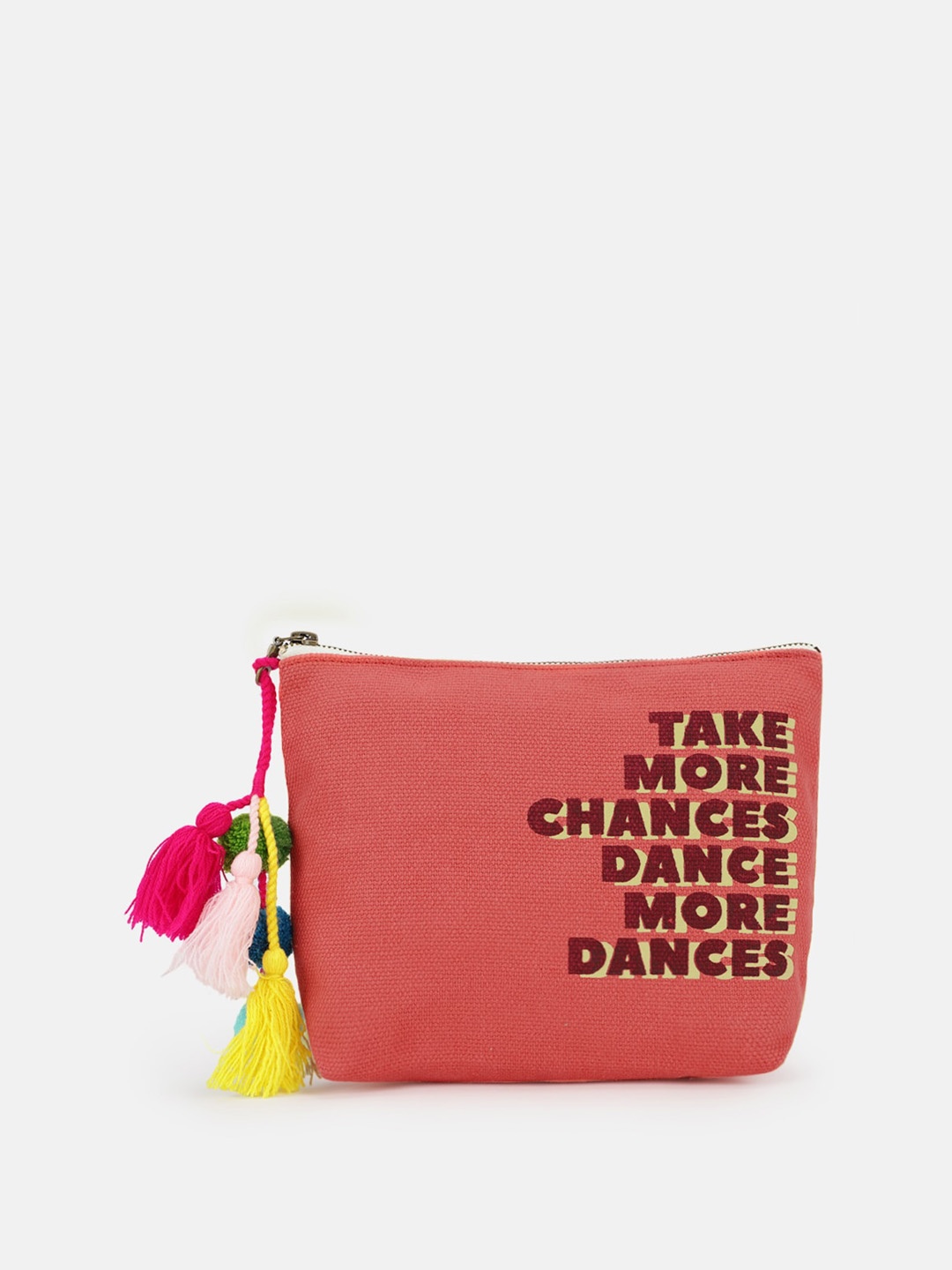 

Maisha Typography Printed Cotton Pouch With Tasselled Detail, Peach