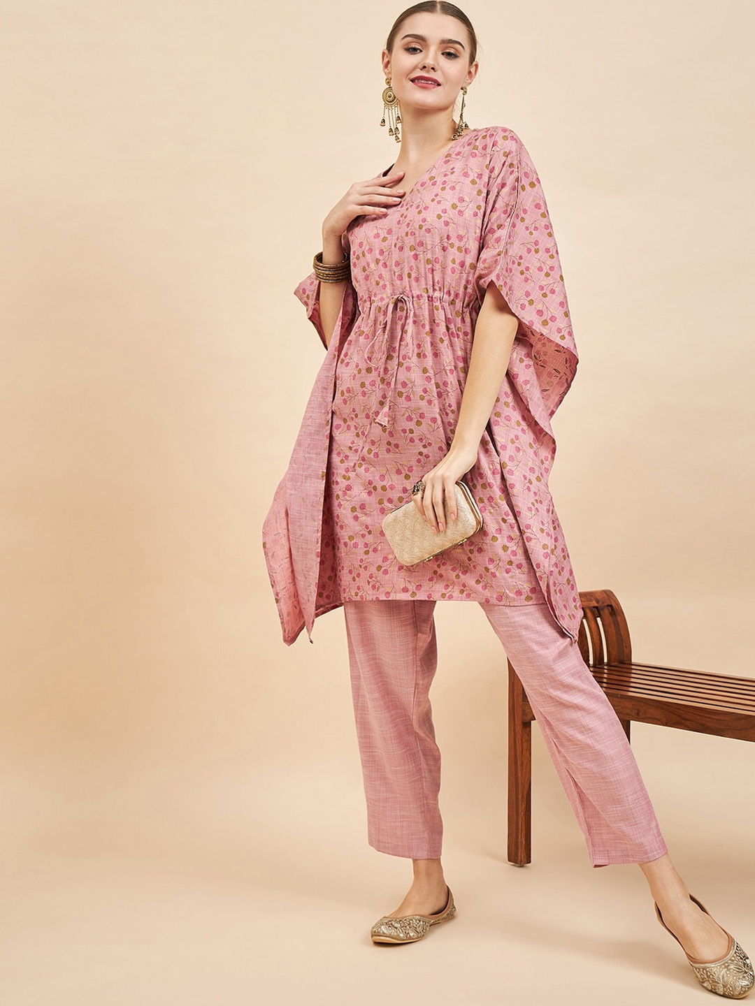 

Sangria Pink Floral Printed Extended Sleeves Kaftan Kurta With Trouser