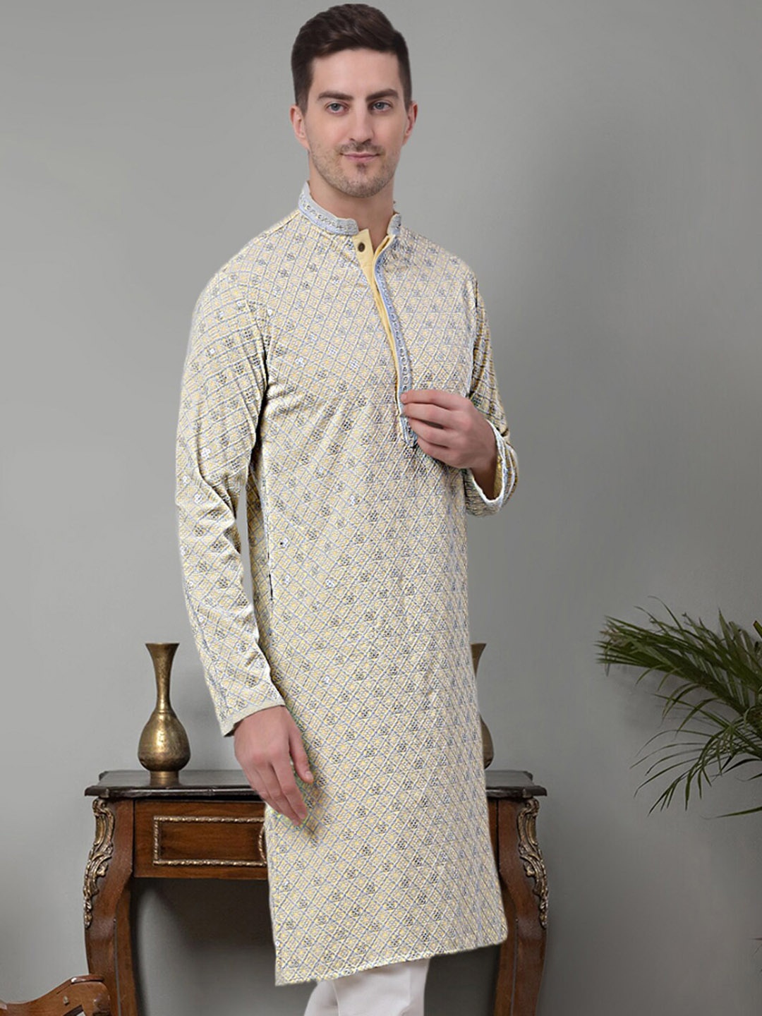 Jompers Ethnic Motifs Embroidered Chikankari Cotton Straight Kurta, Yellow