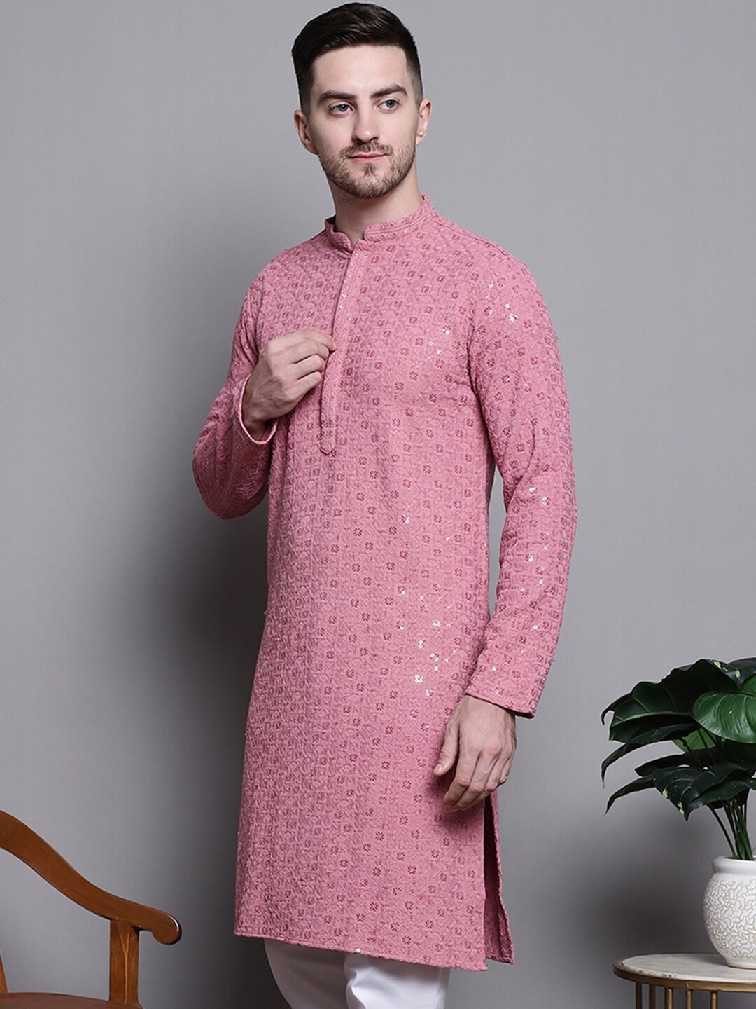 Jompers Geometric Embroidered Sequinned Cotton Straight Kurta, Coral