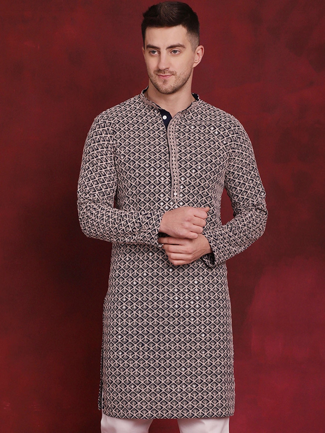 

Jompers Ethnic Motifs Embroidered Mandarin Collar Thread Work Cotton Straight Kurta, Navy blue