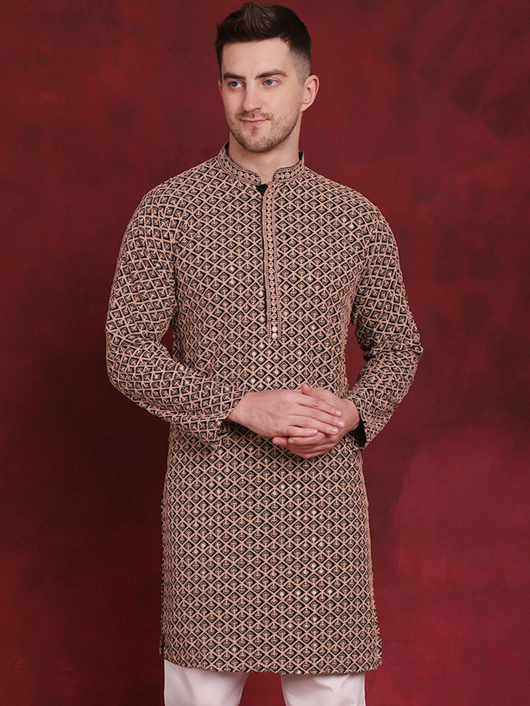 

Jompers Ethnic Motifs Embroidered Mandarin Collar Thread Work Cotton Straight Kurta, Black