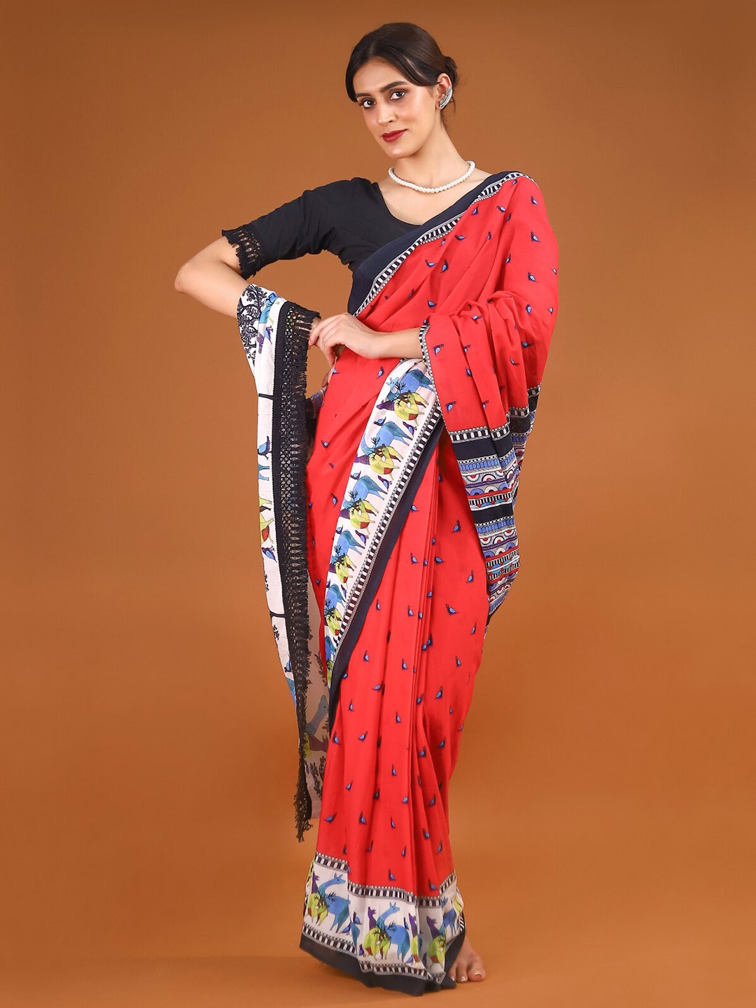 

BUTA BUTI Ethnic Motifs Printed Pure Cotton Saree, Red