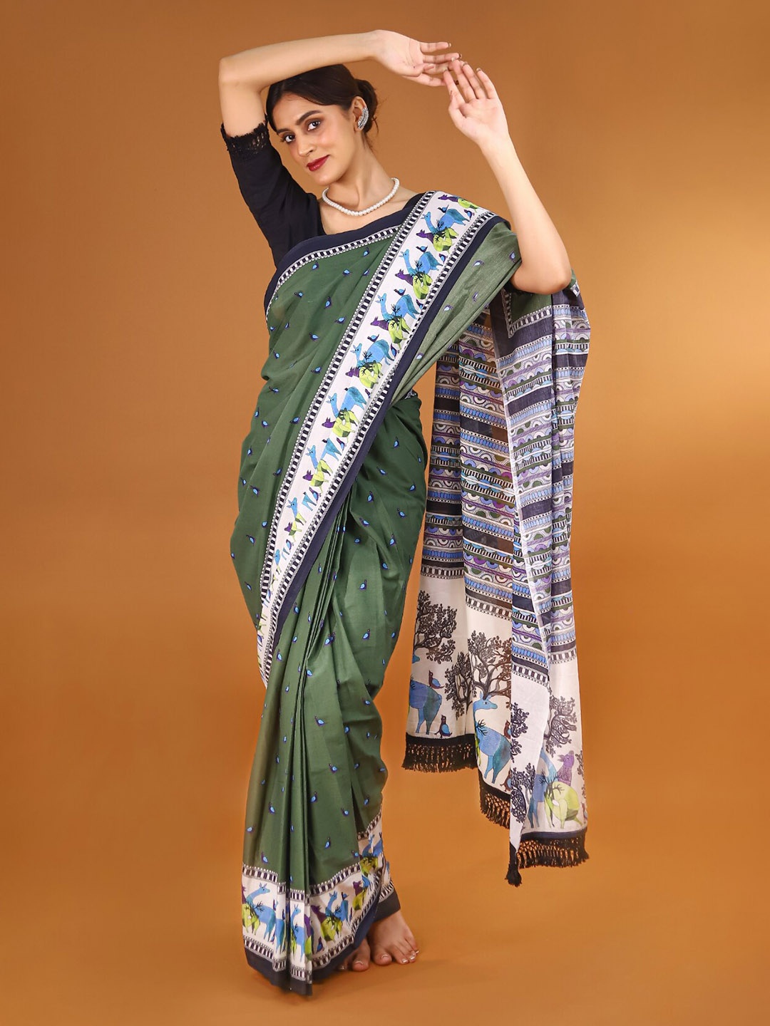 

BUTA BUTI Ethnic Motifs Printed Pure Cotton Saree, Green