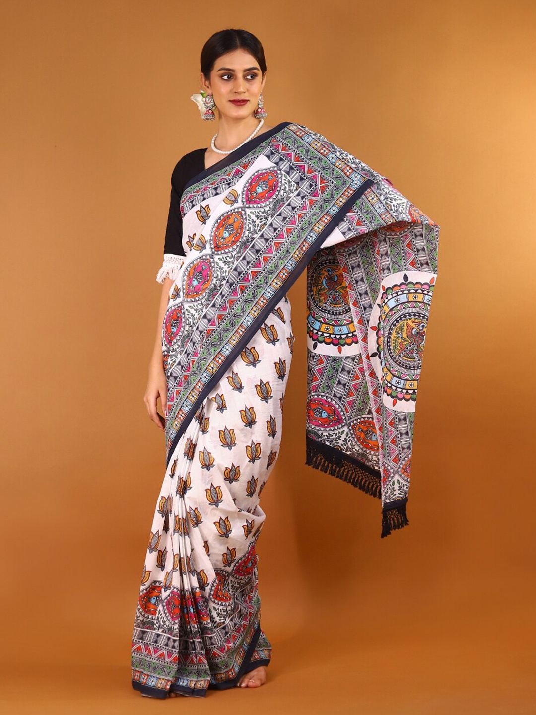

BUTA BUTI Ethnic Motifs Printed Pure Cotton Saree, White