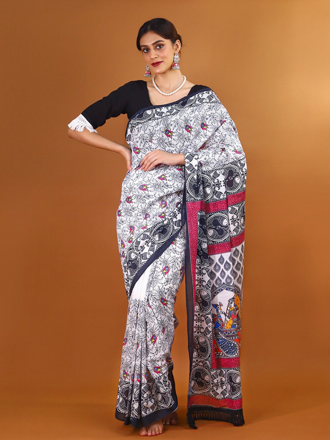 

BUTA BUTI Ethnic Motifs Printed Pure Cotton Saree, White