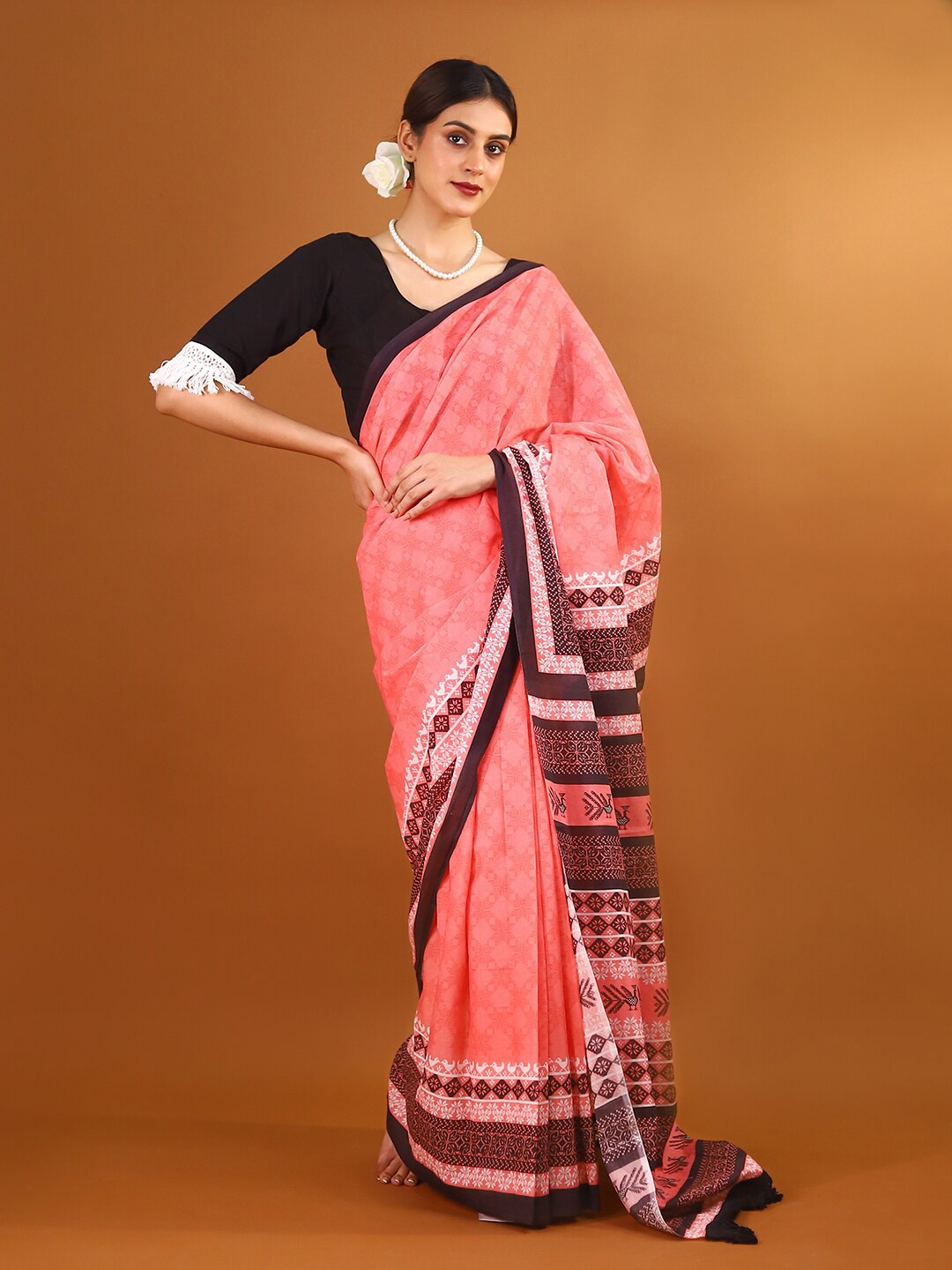 

BUTA BUTI Ethnic Motifs Printed Pure Cotton Saree, Pink