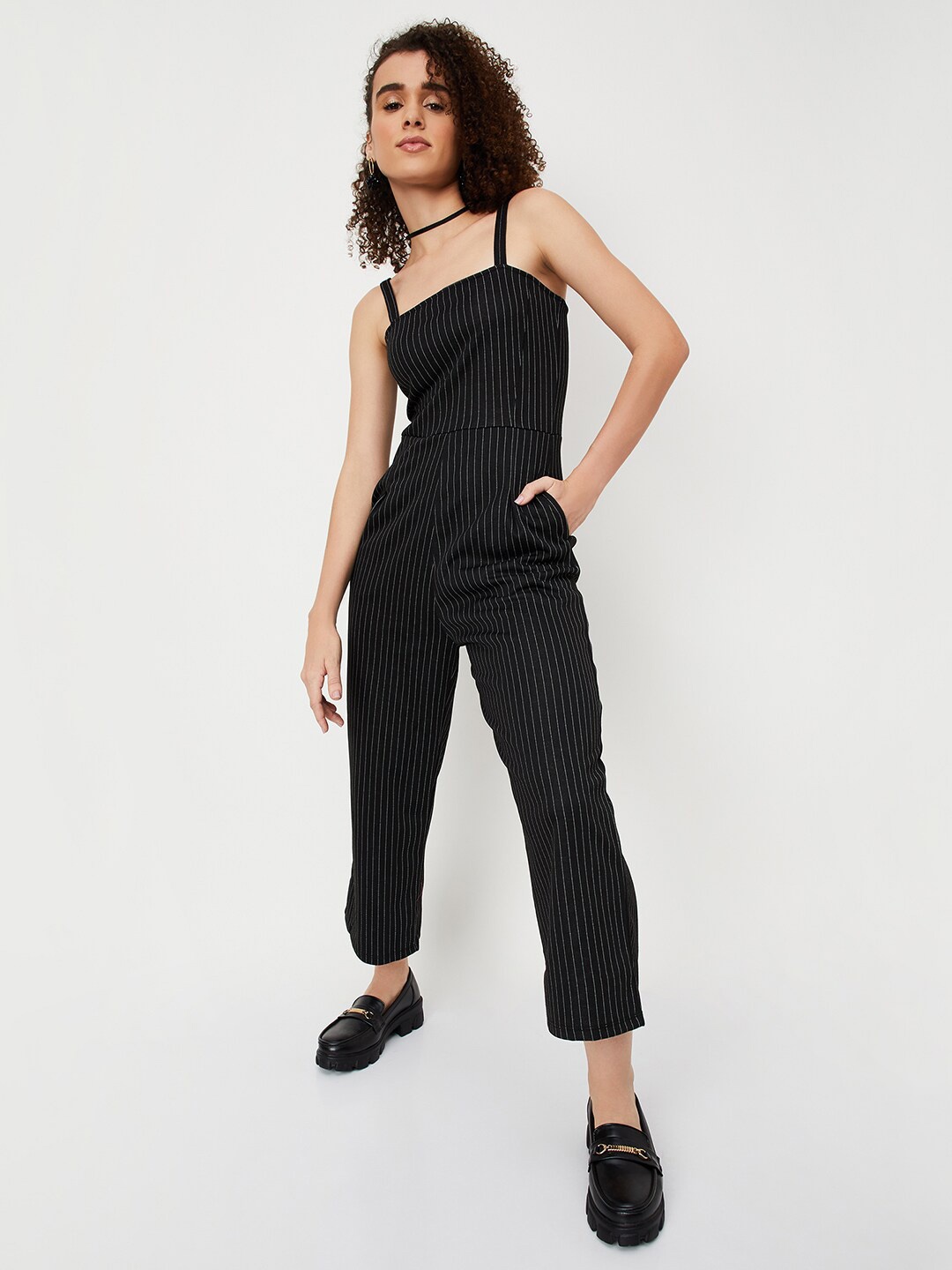 

max Striped Shoulder Straps Basic Jumpsuit, Black