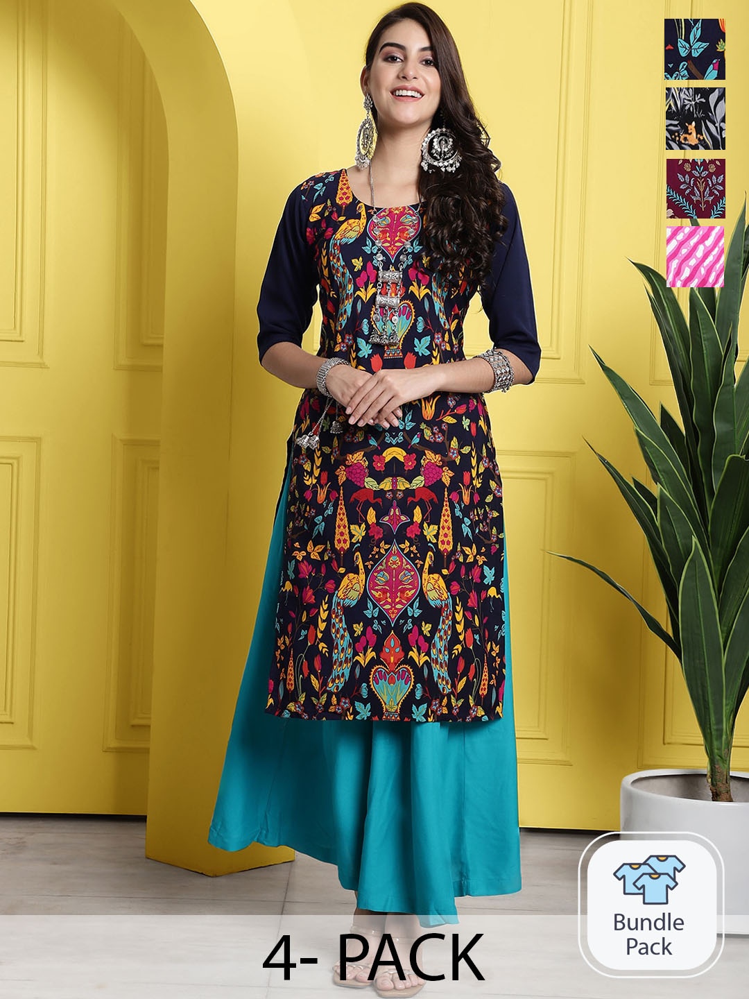 

7Threads Pack of 4 Floral Printed Straight Kurta, Blue