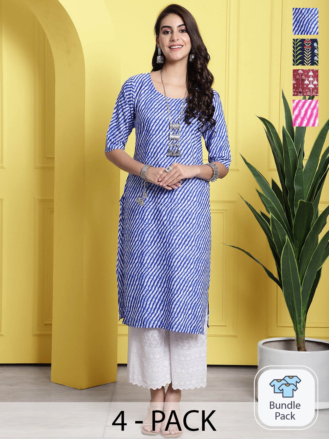 

7Threads Pack of 4 Leheriya Printed Straight Kurta, Blue
